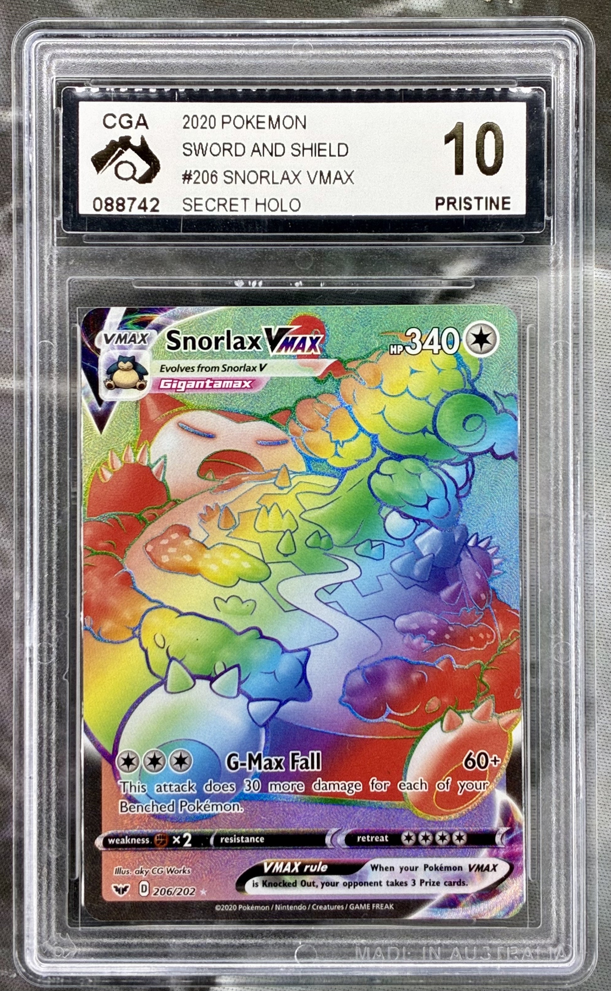 Pokemon Snorlax VMAX rainbow CGA 10 206/202 secret rare Sword Shield