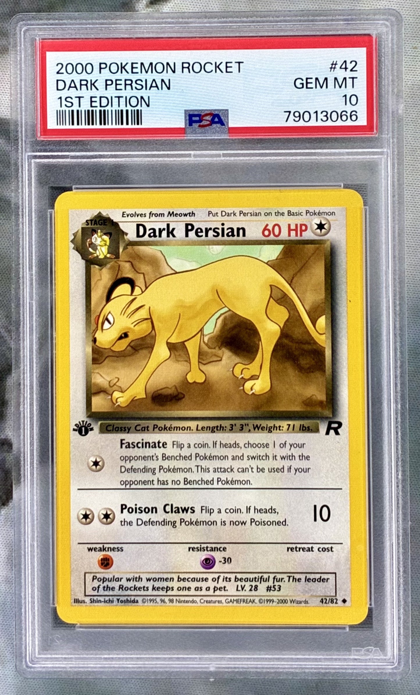 Dark Persian Team Rocket 1st Edition 42/82 Holo PSA 10 English Pokemon card slab