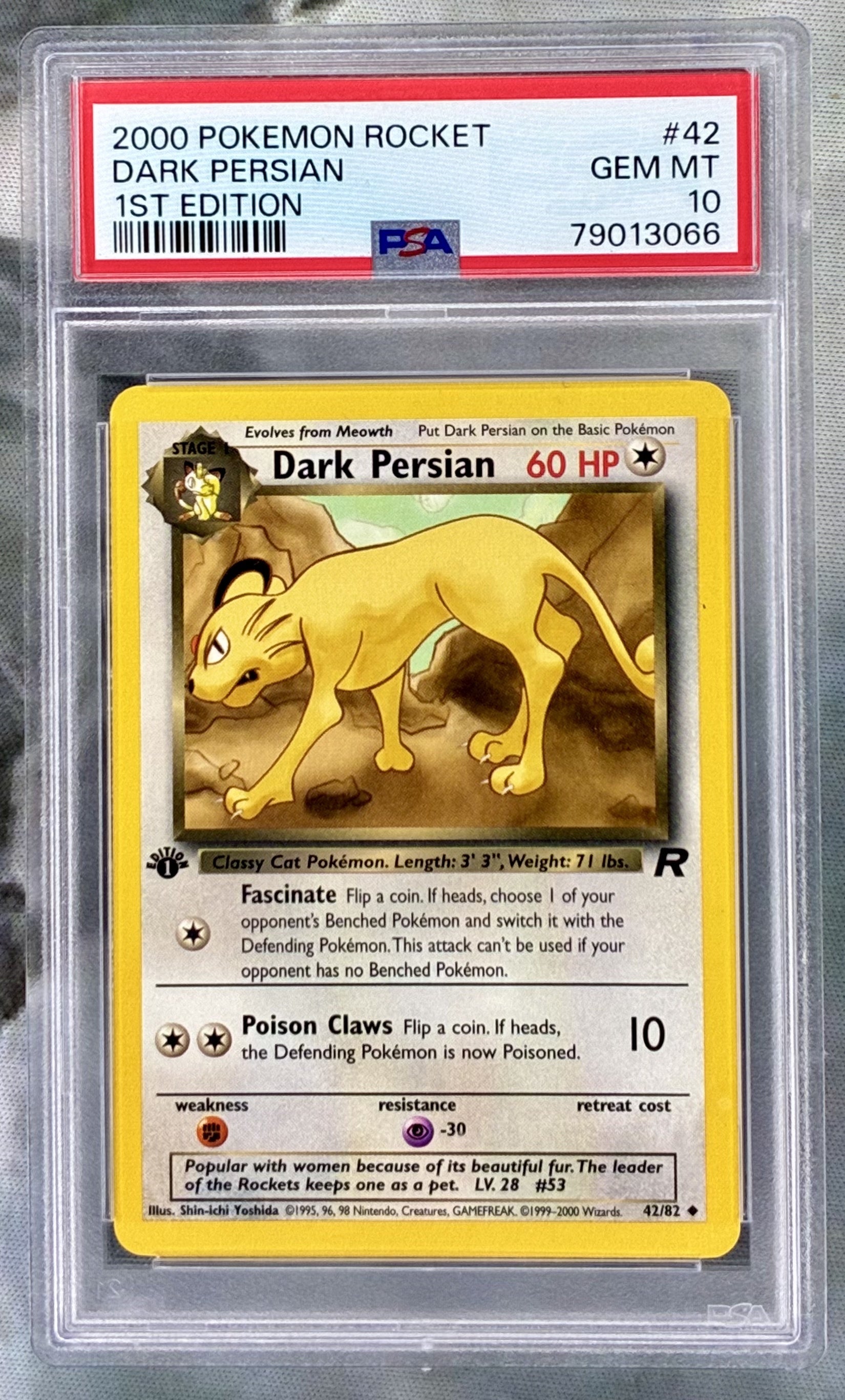 Dark Persian Team Rocket 1st Edition 42/82 Holo PSA 10 English Pokemon card slab