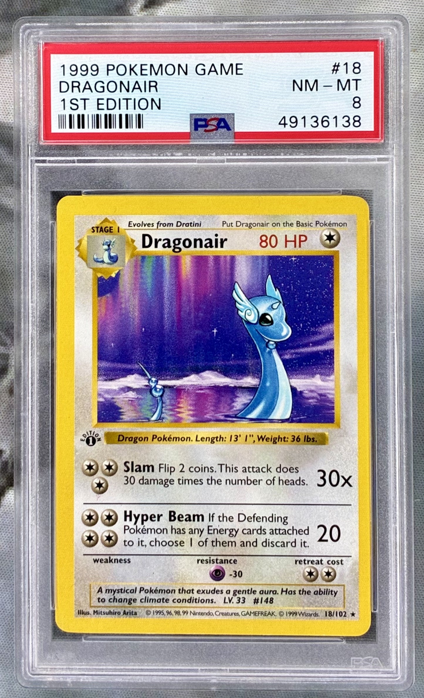 Dragonair Base Set 1st Edition Shadowless 18/102 Holo PSA 8 English Pokemon card slab