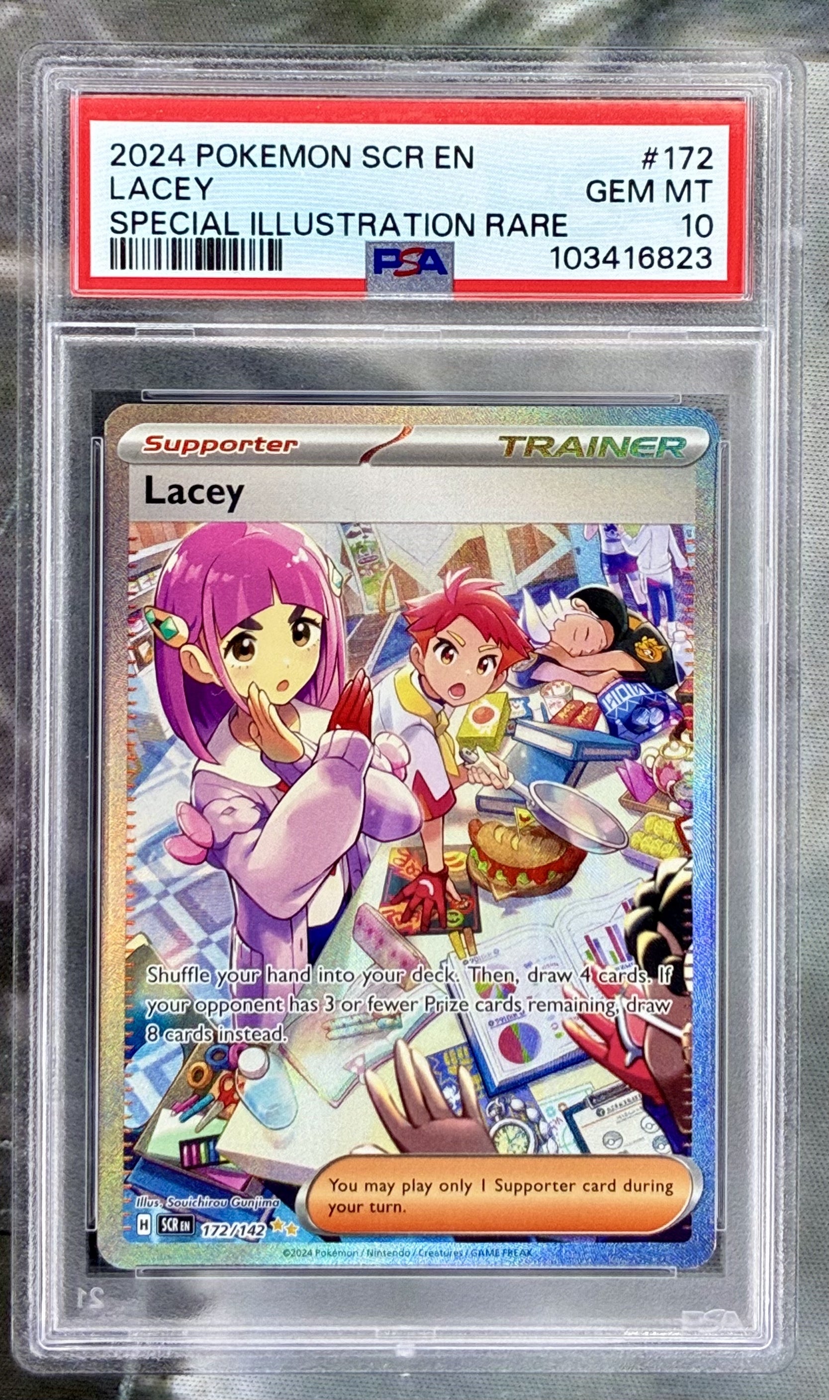 Lacey Stellar Crown 172/142 SIR PSA 10 English Pokemon card slab
