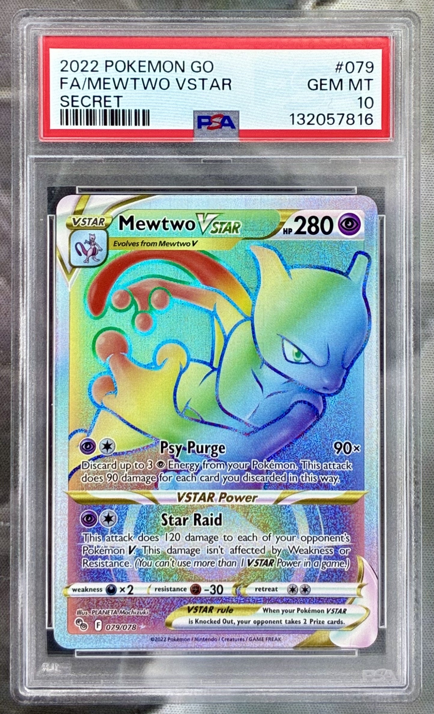 Mewtwo VSTAR Pokemon GO 079/078 Rainbow Secret Rare Holo PSA 10 English Pokemon Card