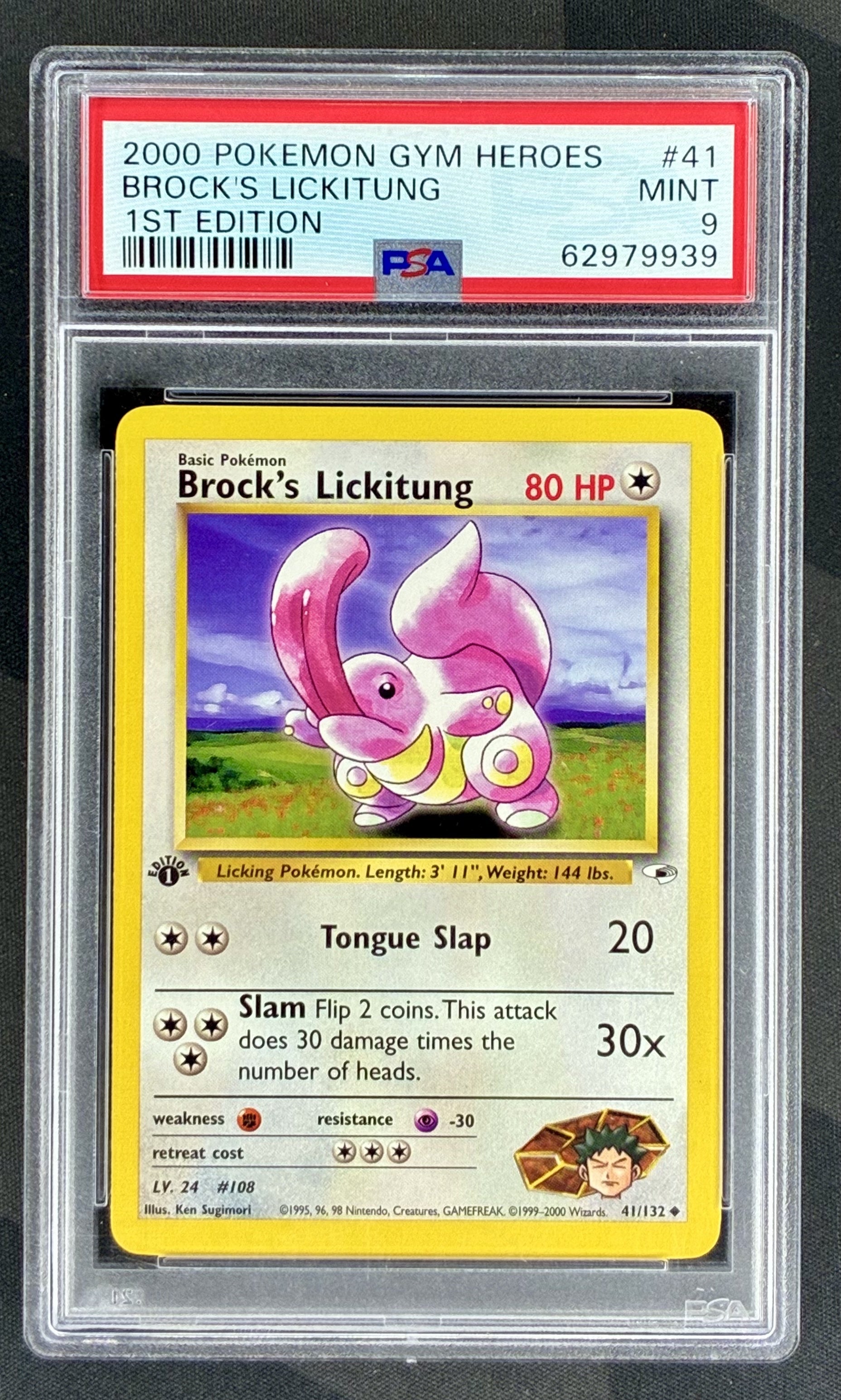 Brock’s Lickitung Gym Heroes 1st Edition 41/132 PSA 9 English Pokemon card slab