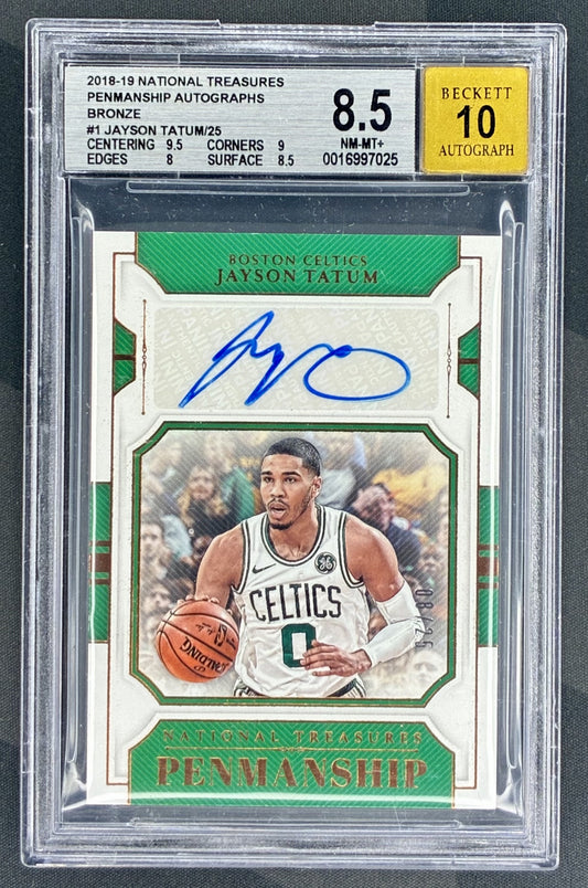 Jayson Tatum National Treasures 2018-19 Penmanship Bronze Auto /25 BGS 8.5 basketball card slab