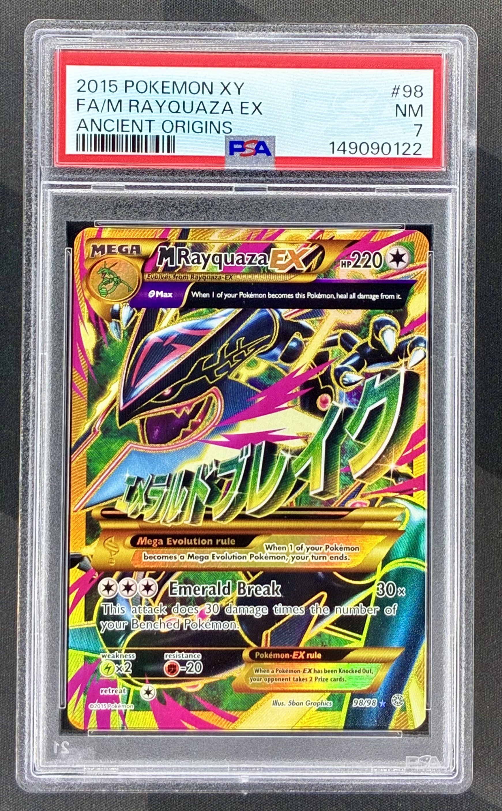 M Rayquaza EX 98/98 Ancient Origins PSA 7 Full Art Pokemon card slab