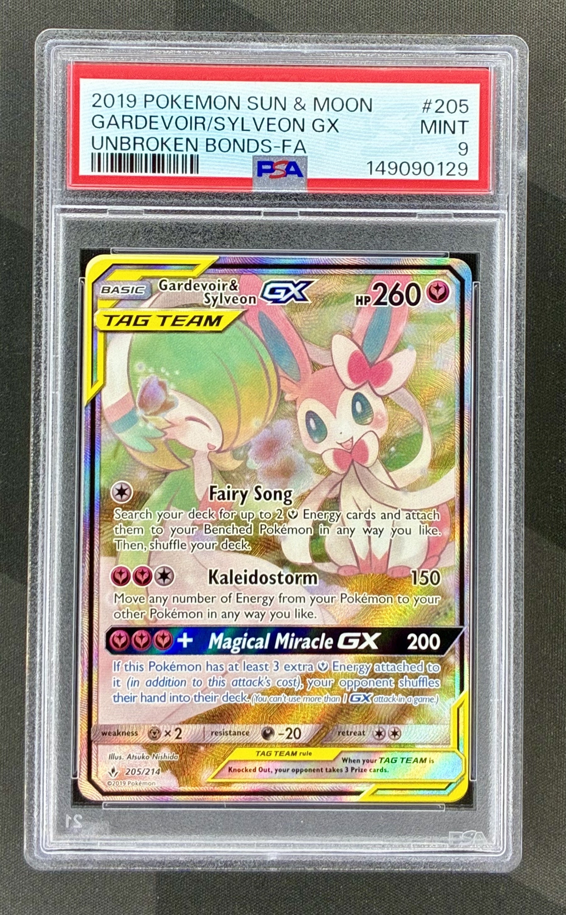 Gardevoir and Sylveon GX 205/214 Alt Art PSA 9 Unbroken Bonds Pokemon card slab