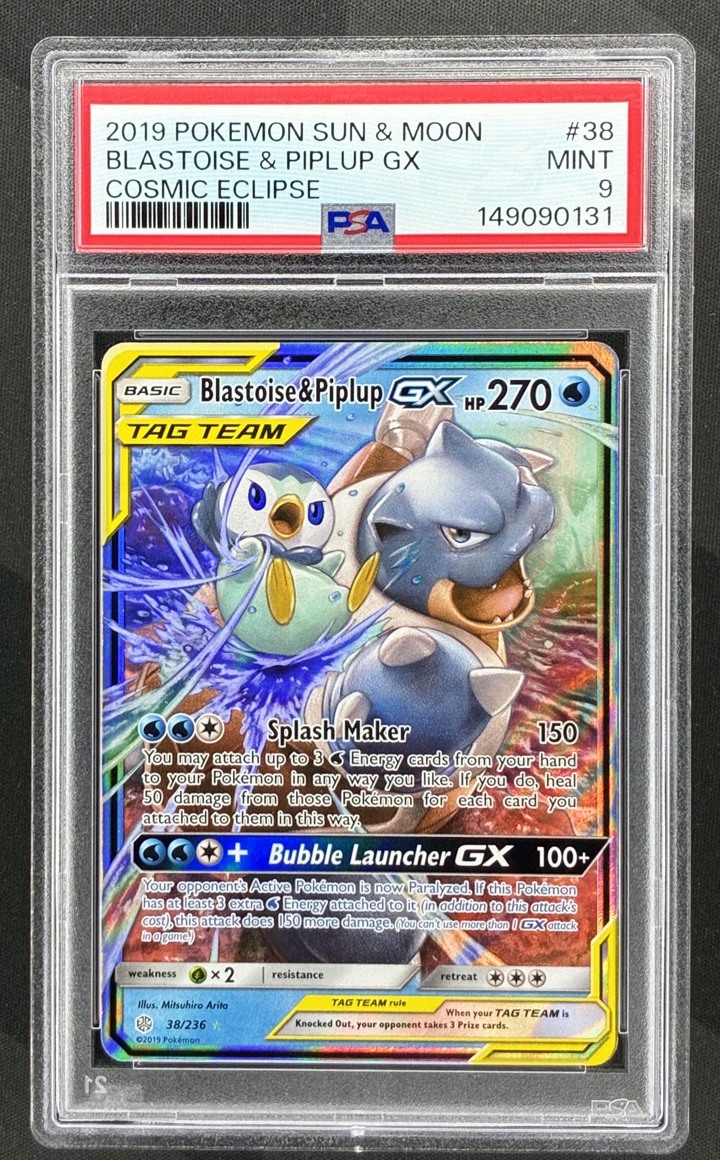 Blastoise and Piplup GX 38/236 Cosmic Eclipse PSA 9 Pokemon card slab