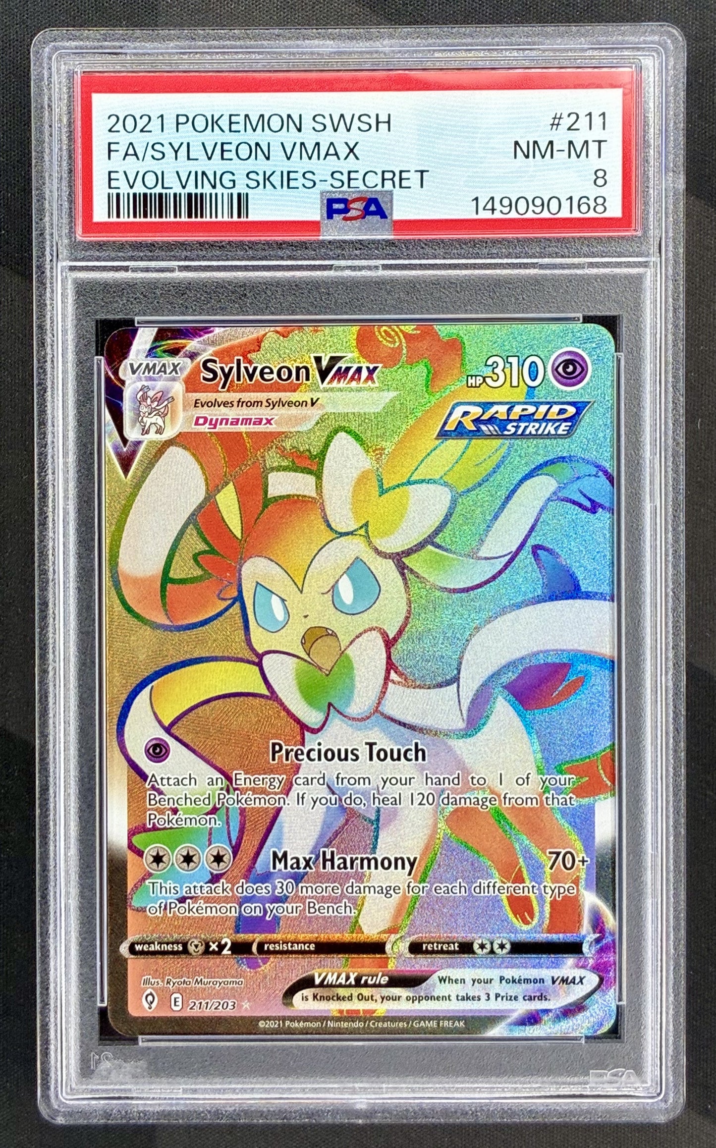 Sylveon VMAX 211/203 Evolving Skies PSA 8 Rainbow Pokemon card slab