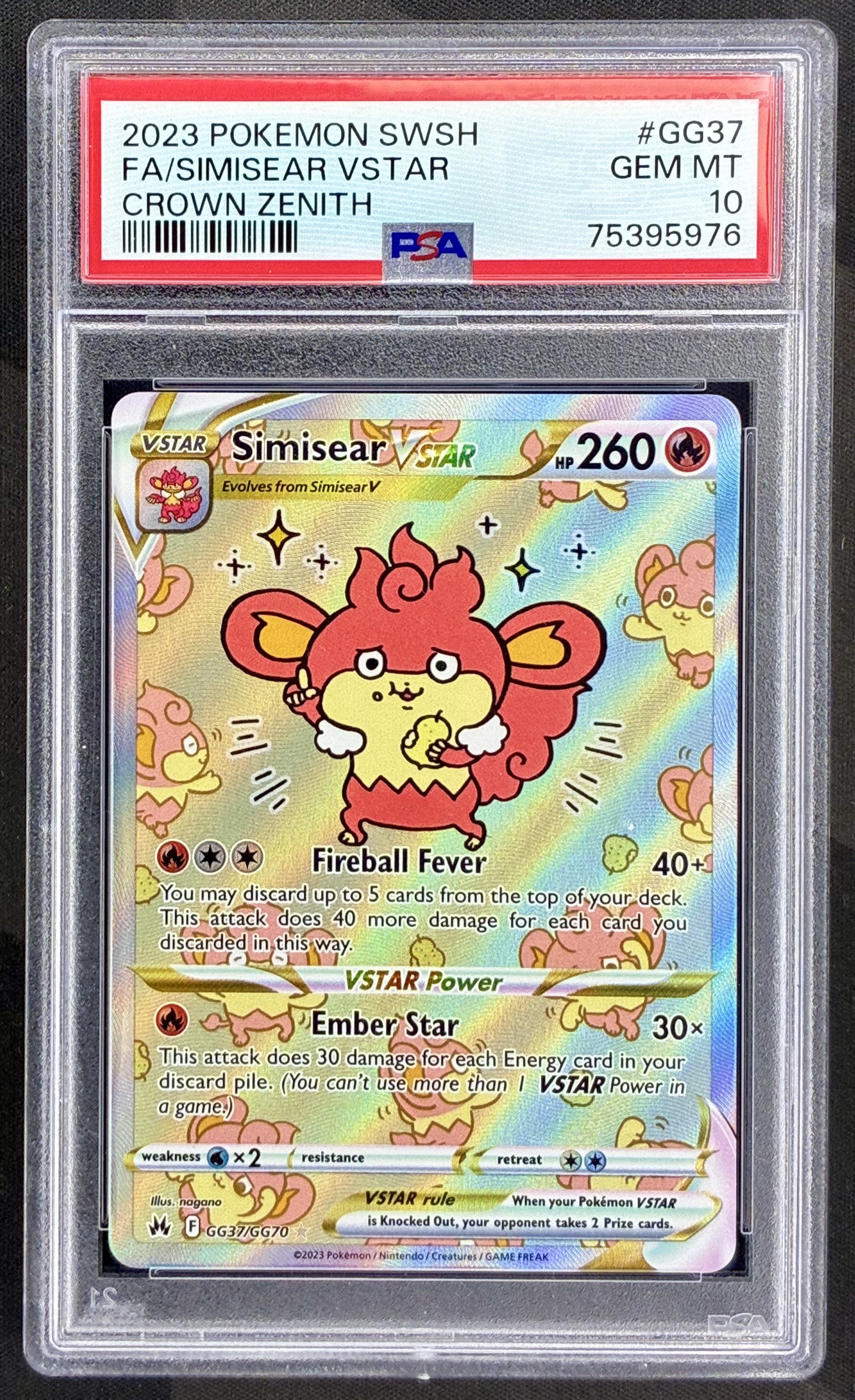 Simisear VSTAR GG37/GG70 Crown Zenith PSA 10 Pokemon card slab