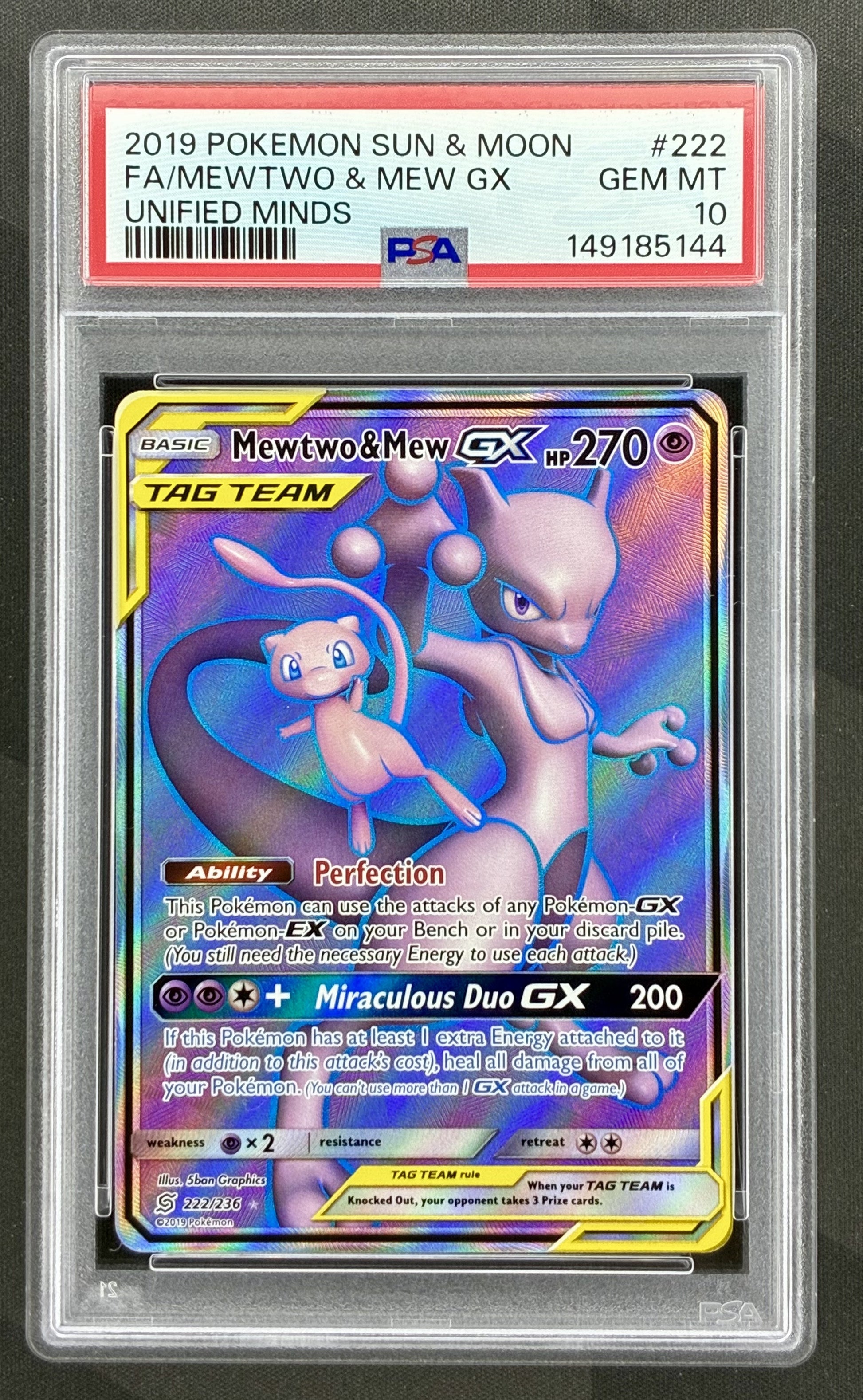 Mewtwo and Mew GX 222/236 Unified Minds PSA 10 Full Art Pokemon card slab