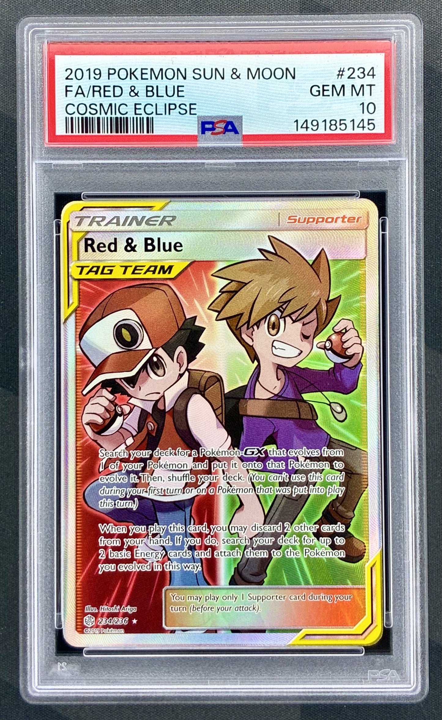 Red and Blue 234/236 Cosmic Eclipse PSA 10 Full Art Pokemon card slab