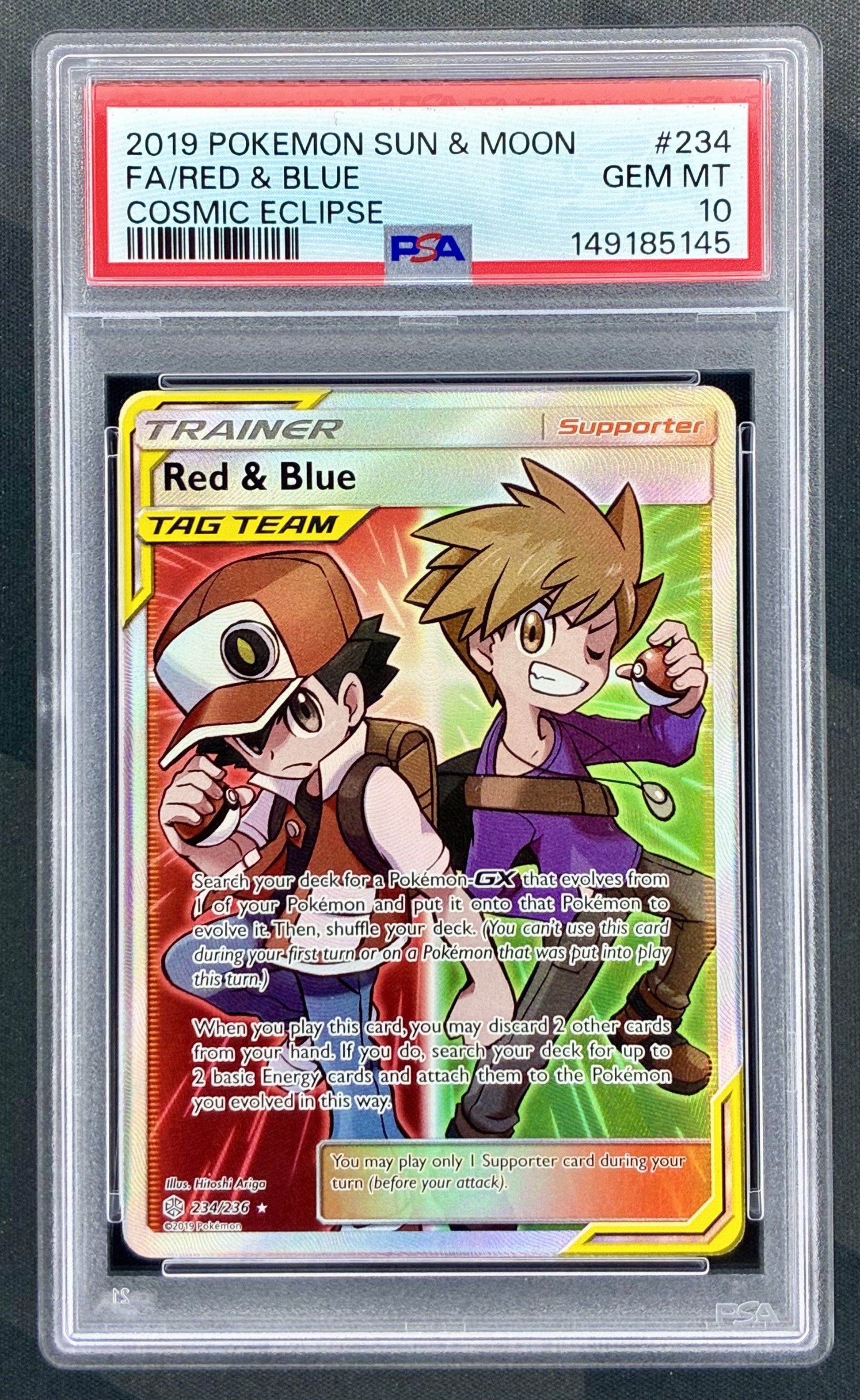 Red and Blue 234/236 Cosmic Eclipse PSA 10 Full Art Pokemon card slab