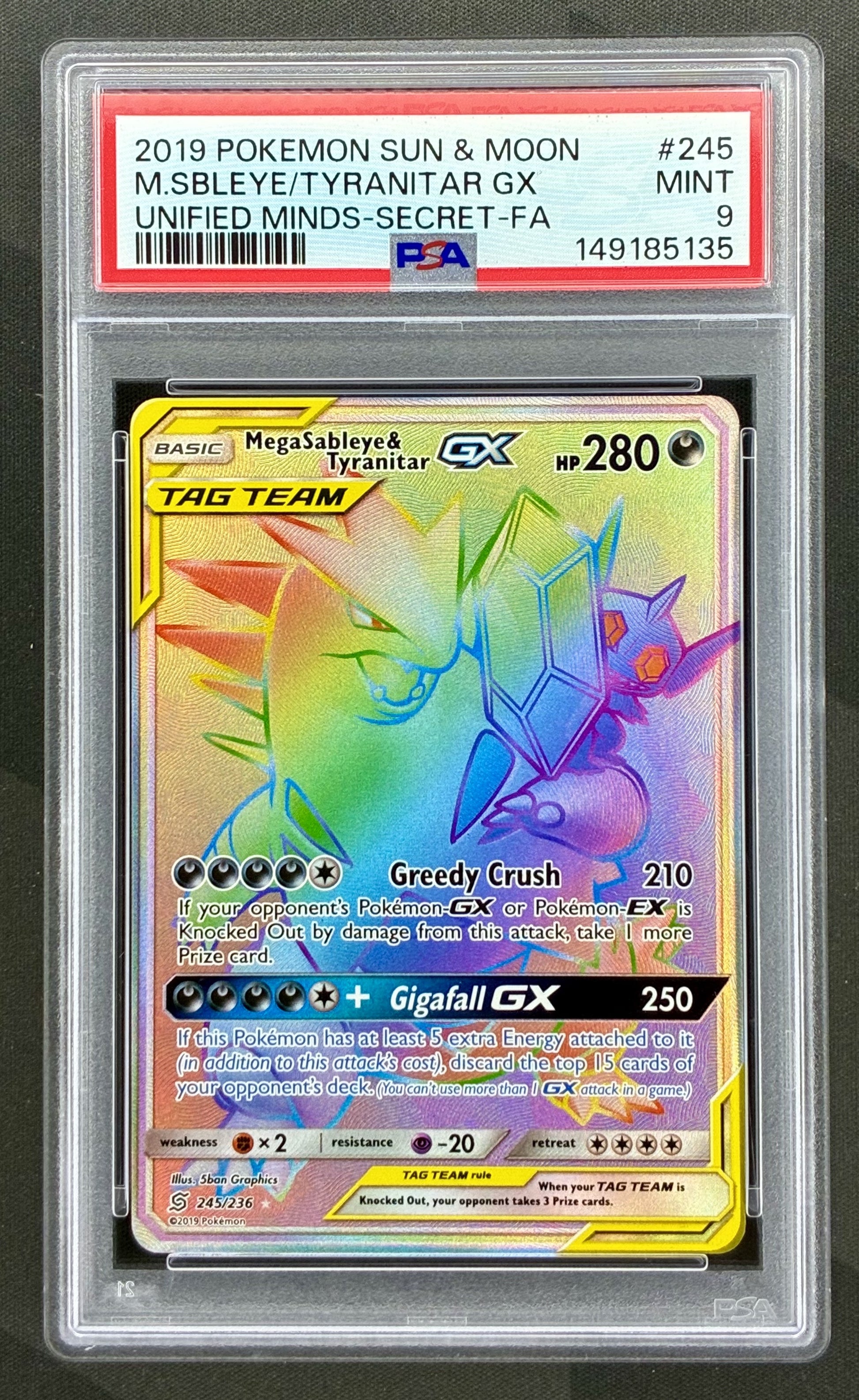 Mega Sableye and Tyranitar GX 245/236 Unified Minds PSA 9 Secret Rare Pokemon card slab