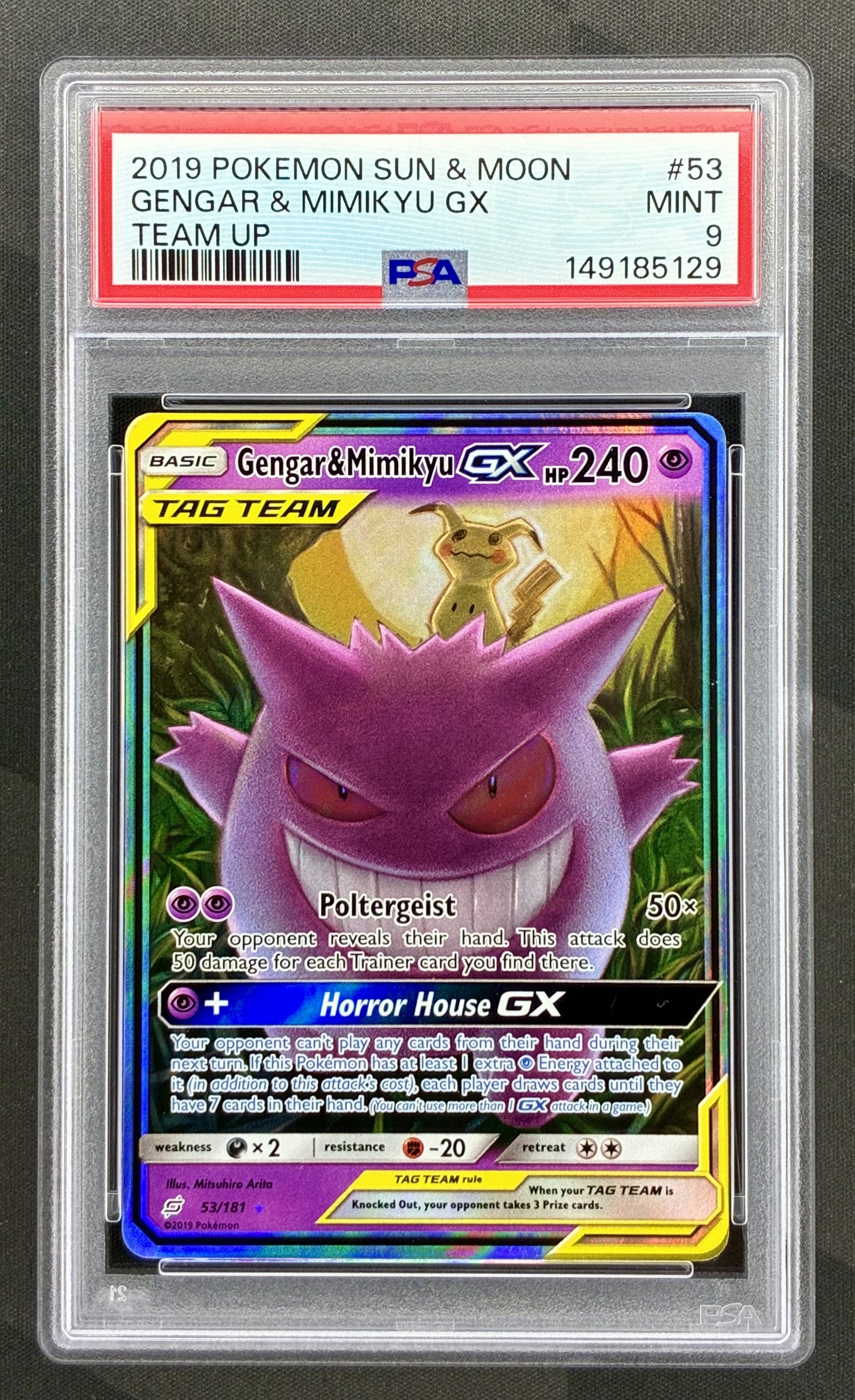 Gengar and Mimikyu GX 53/181 Team Up PSA 9 Pokemon card slab