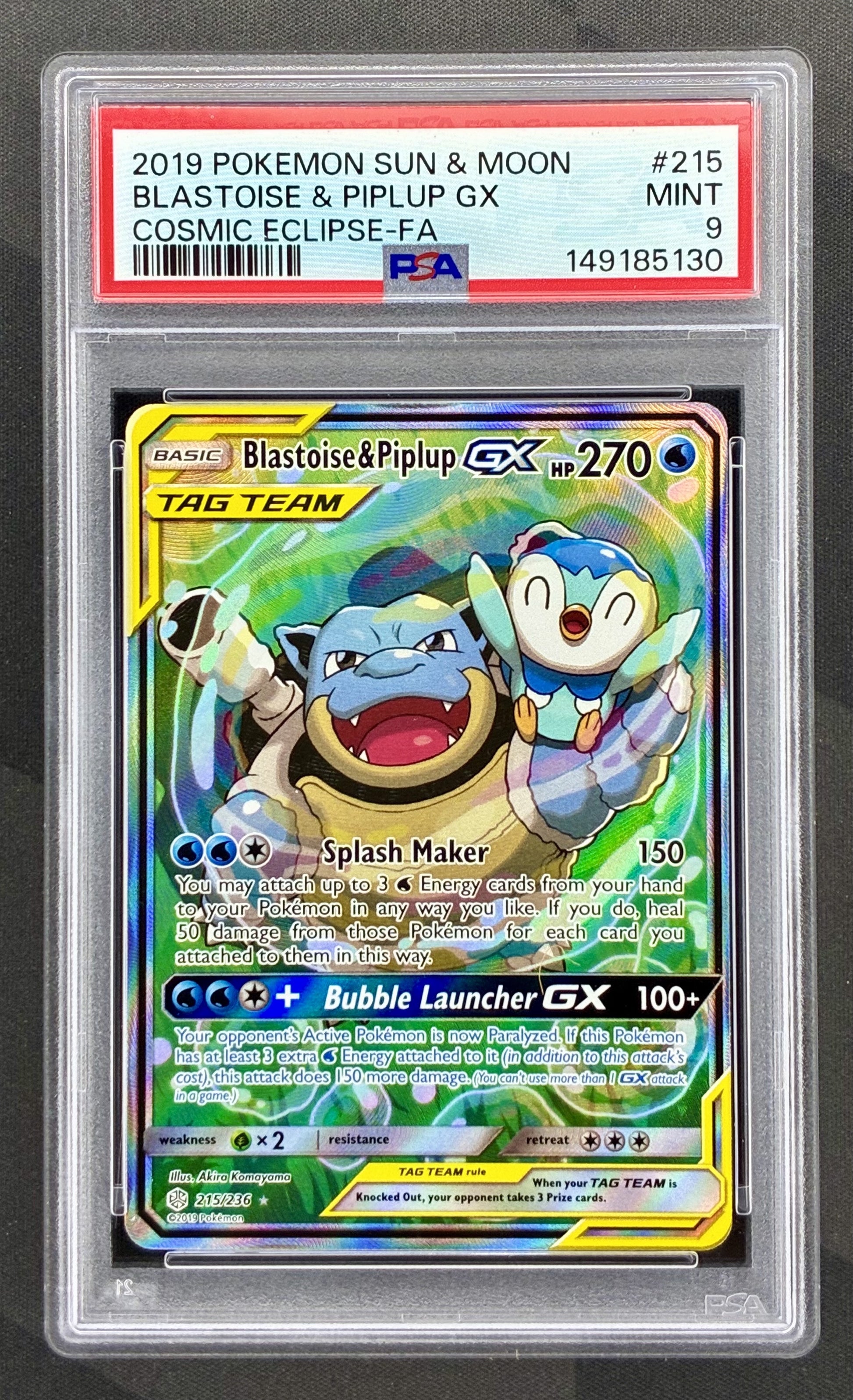 Blastoise and Piplup GX 215/236 Cosmic Eclipse PSA 9 Alternate Art Pokemon card slab