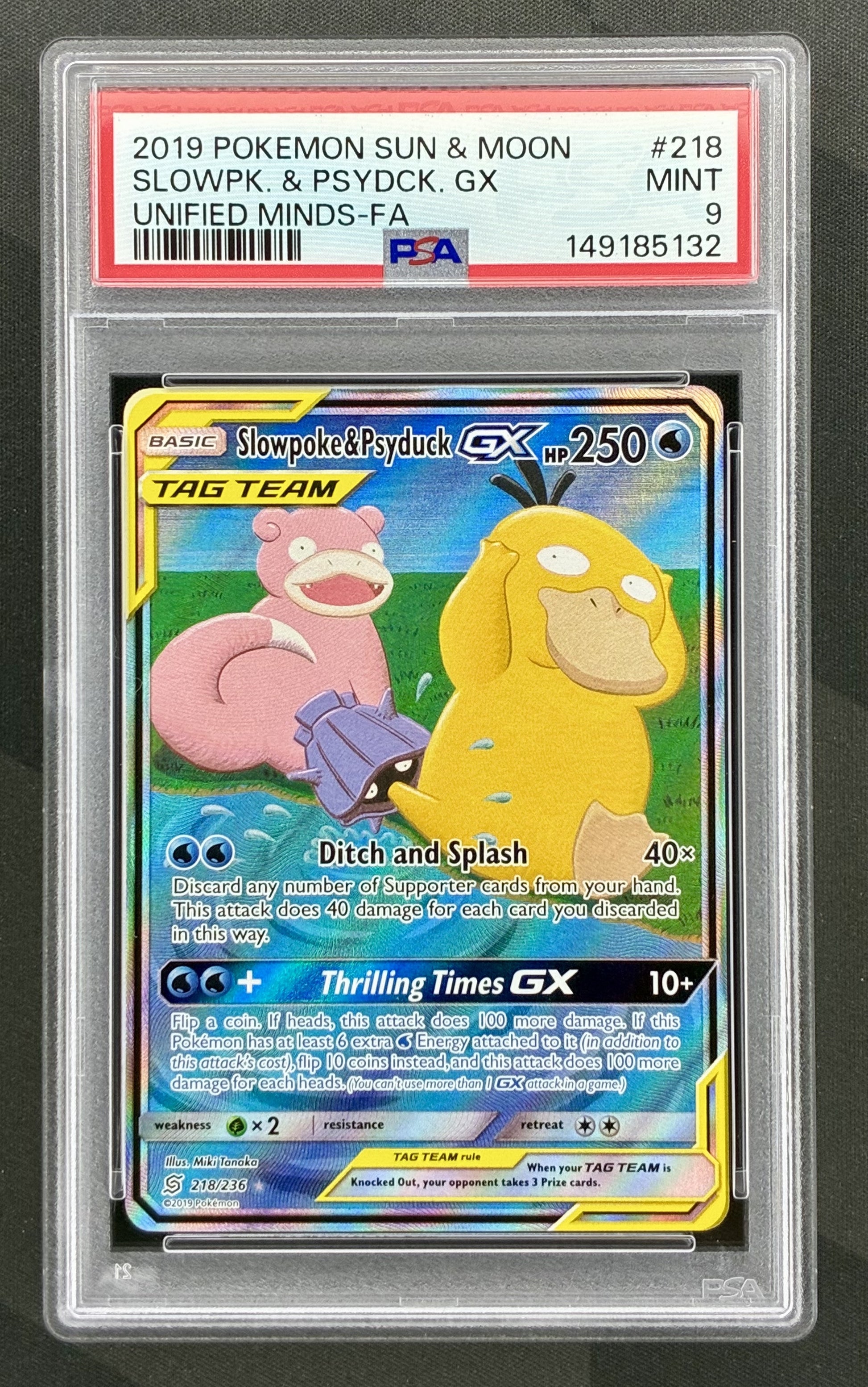 Slowpoke and Psyduck GX 218/236 Unified Minds PSA 9 Pokemon card slab