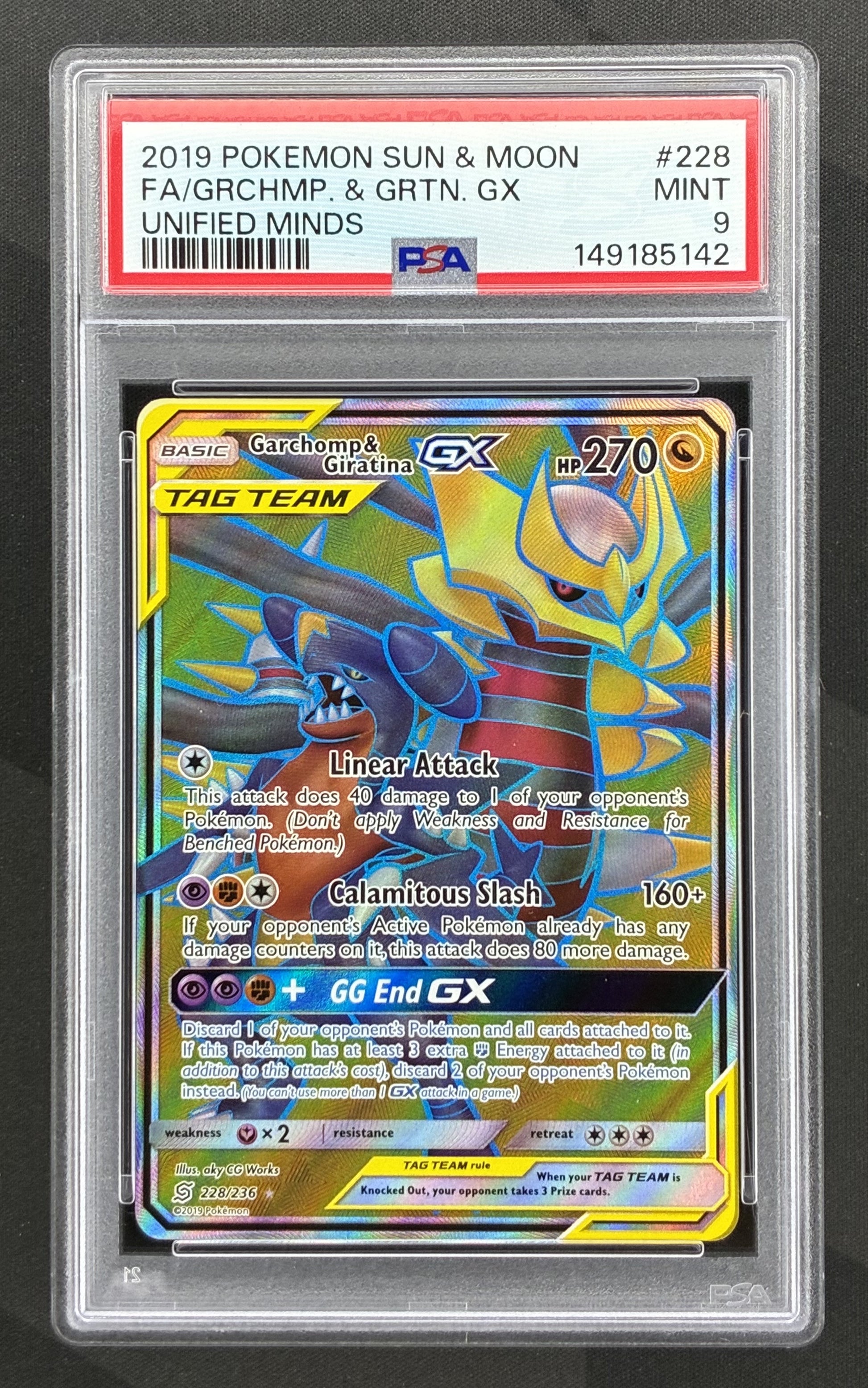 Garchomp and Giratina GX 228/236 Unified Minds PSA 9 Full Art Pokemon card slab