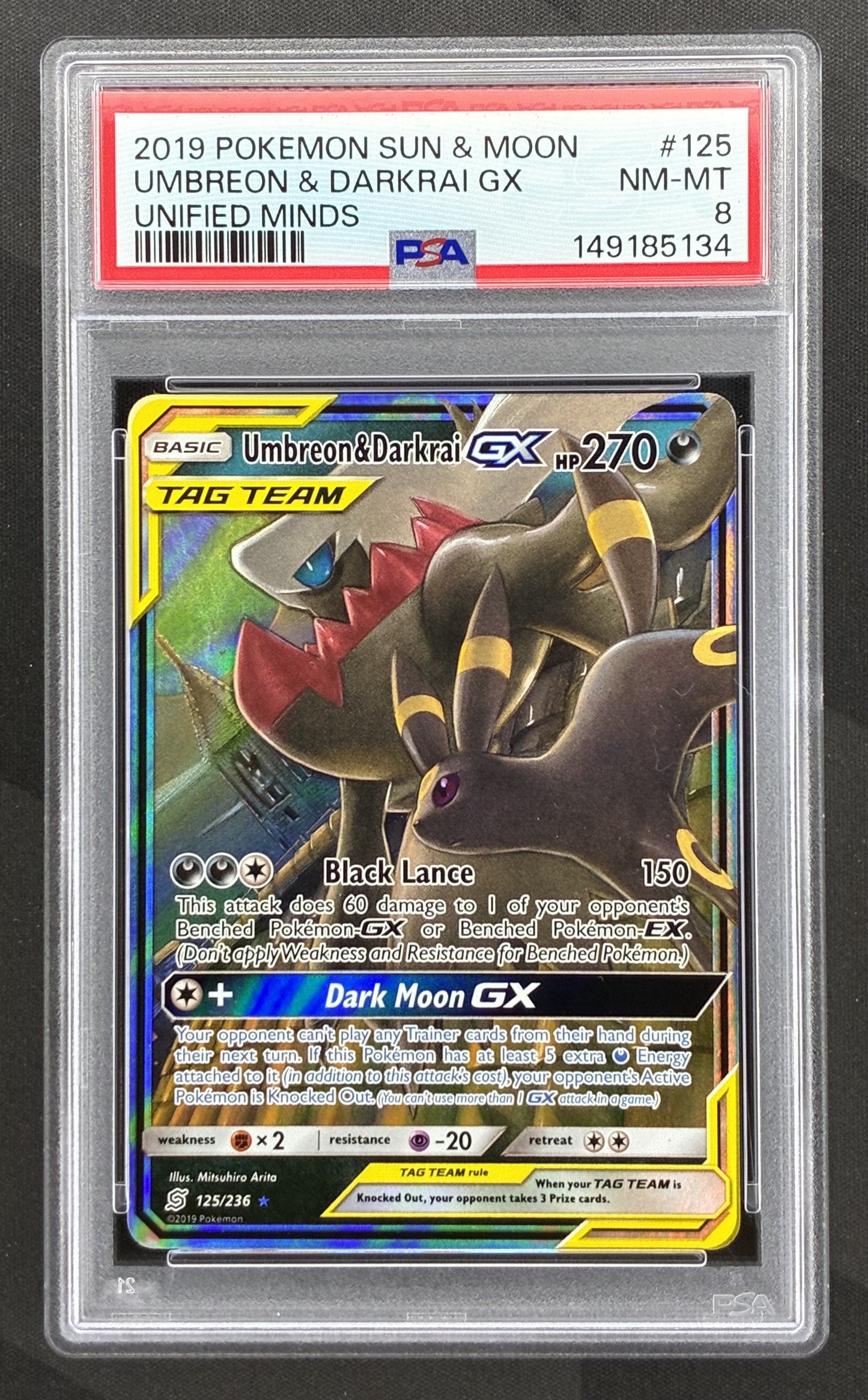 Umbreon and Darkrai GX 125/236 Unified Minds PSA 8 Pokemon card slab