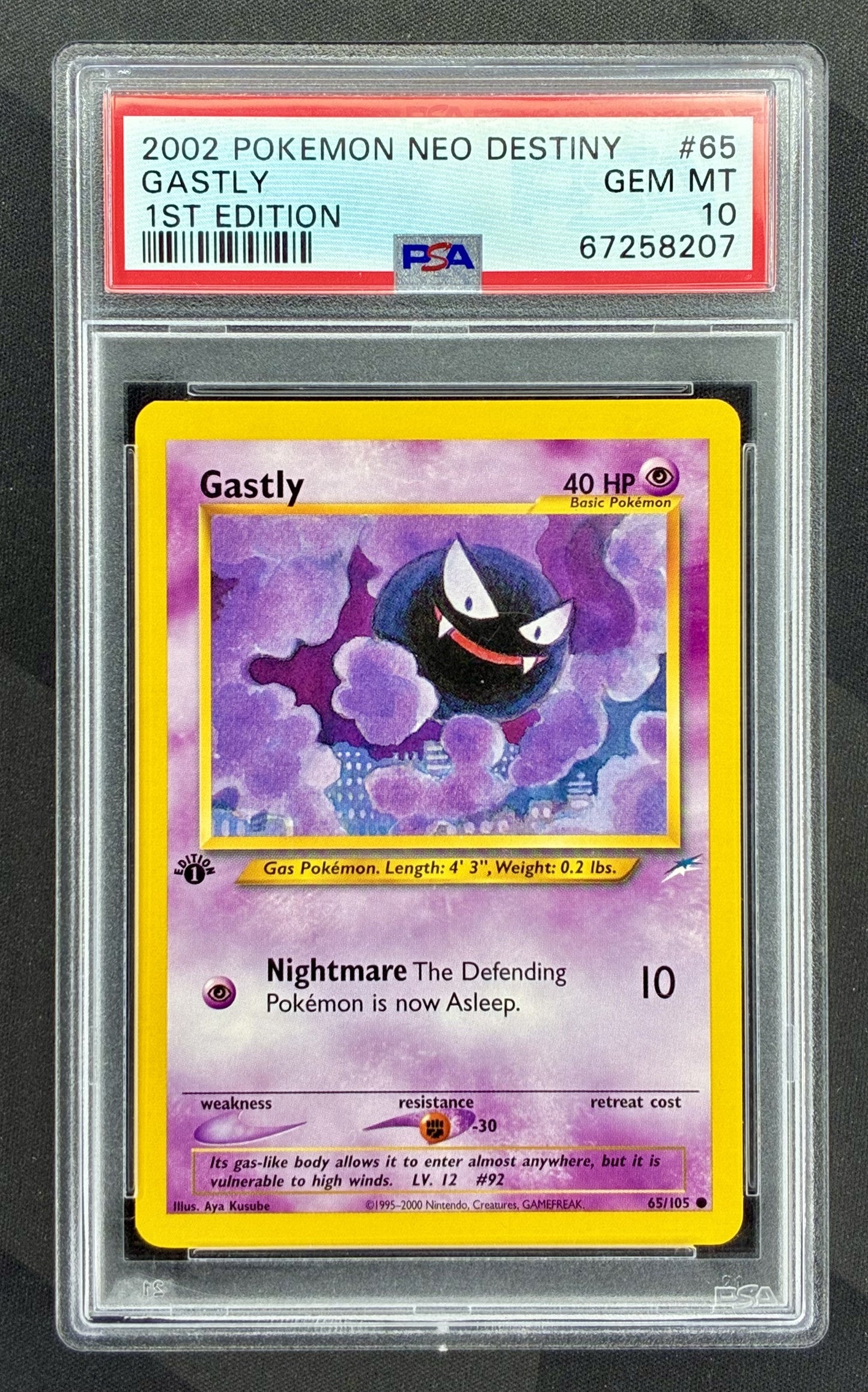 Gastly 65/105 Neo Destiny 1st Edition PSA 10 Pokemon card slab