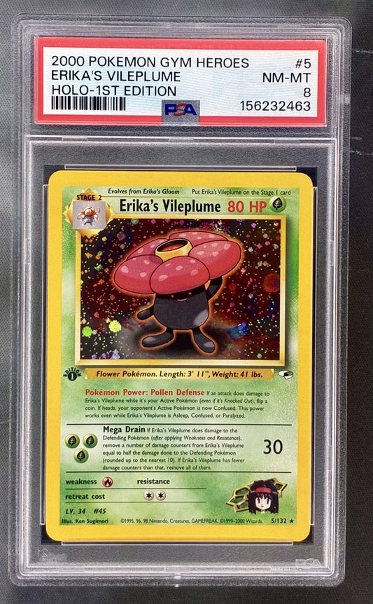 Erika’s Vileplume 5/132 1st Edition PSA 8 Gym Heroes holo Pokemon card