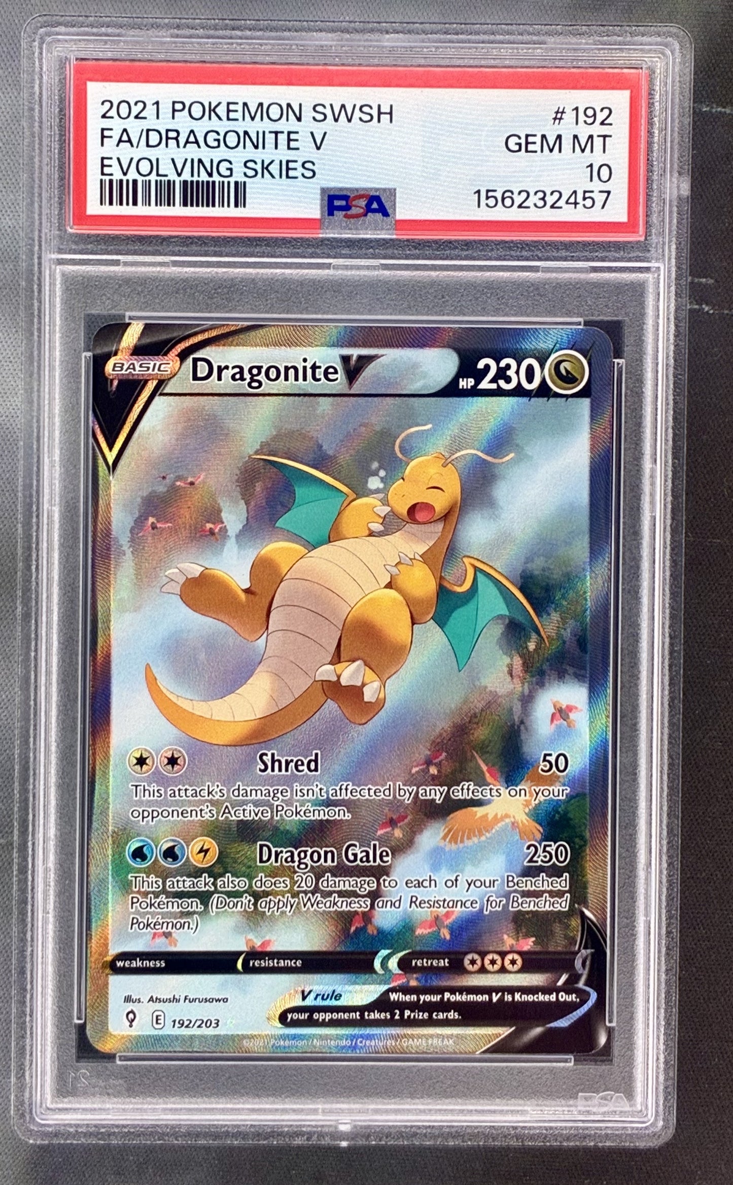 Dragonite V 192/203 Alternate Art PSA 10 Evolving Skies Pokemon card