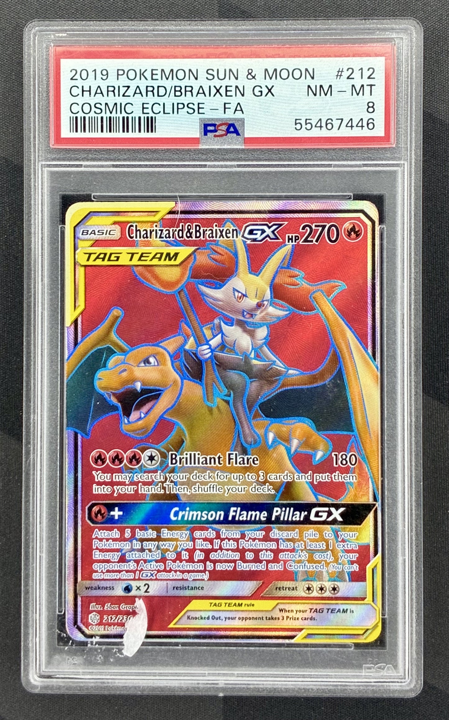 PSA 8 Charizard and Braixen GX 212/236 Cosmic Eclipse Pokemon Card