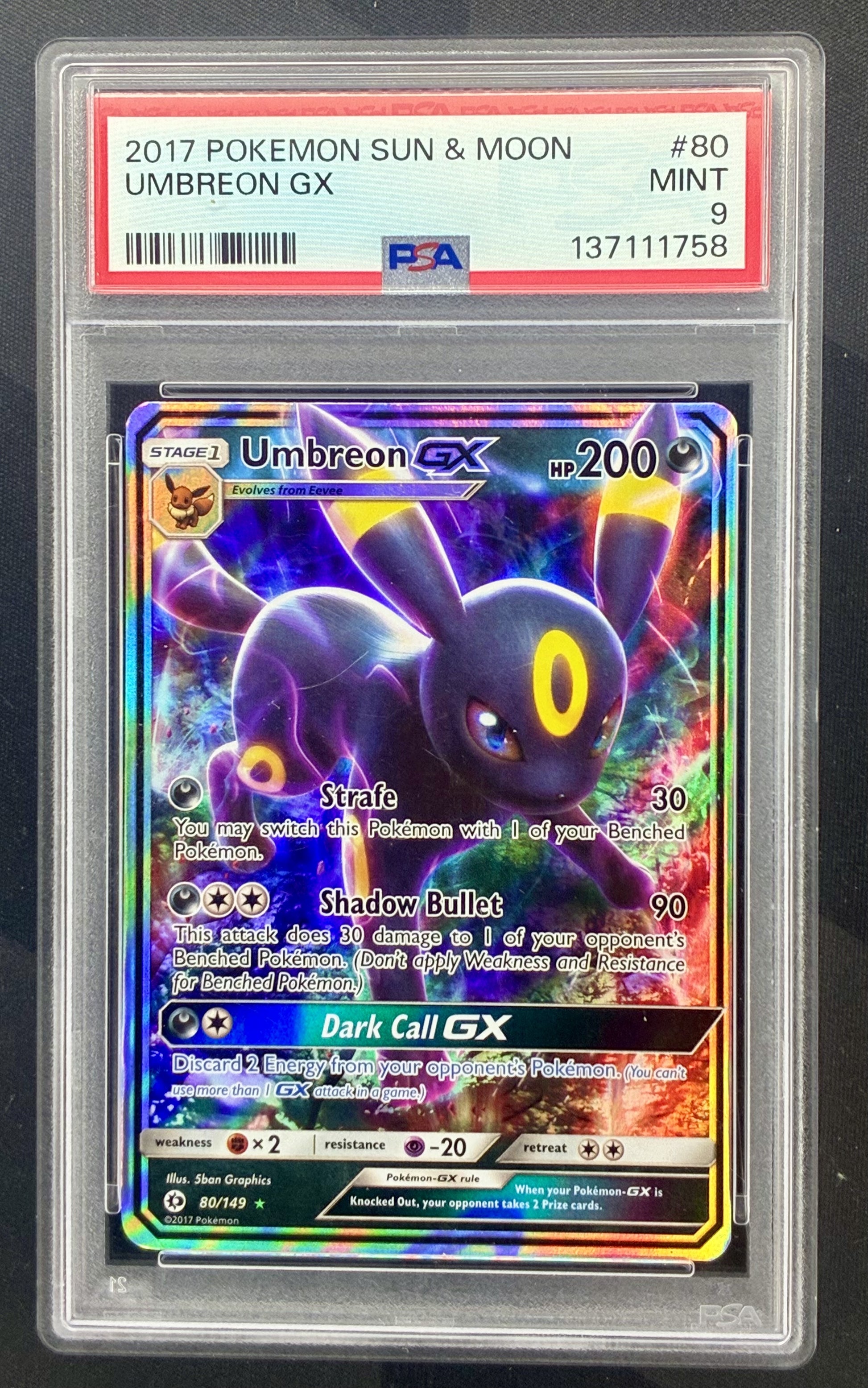 PSA 9 Umbreon GX 80/149 Sun and Moon Full Art Pokemon Card
