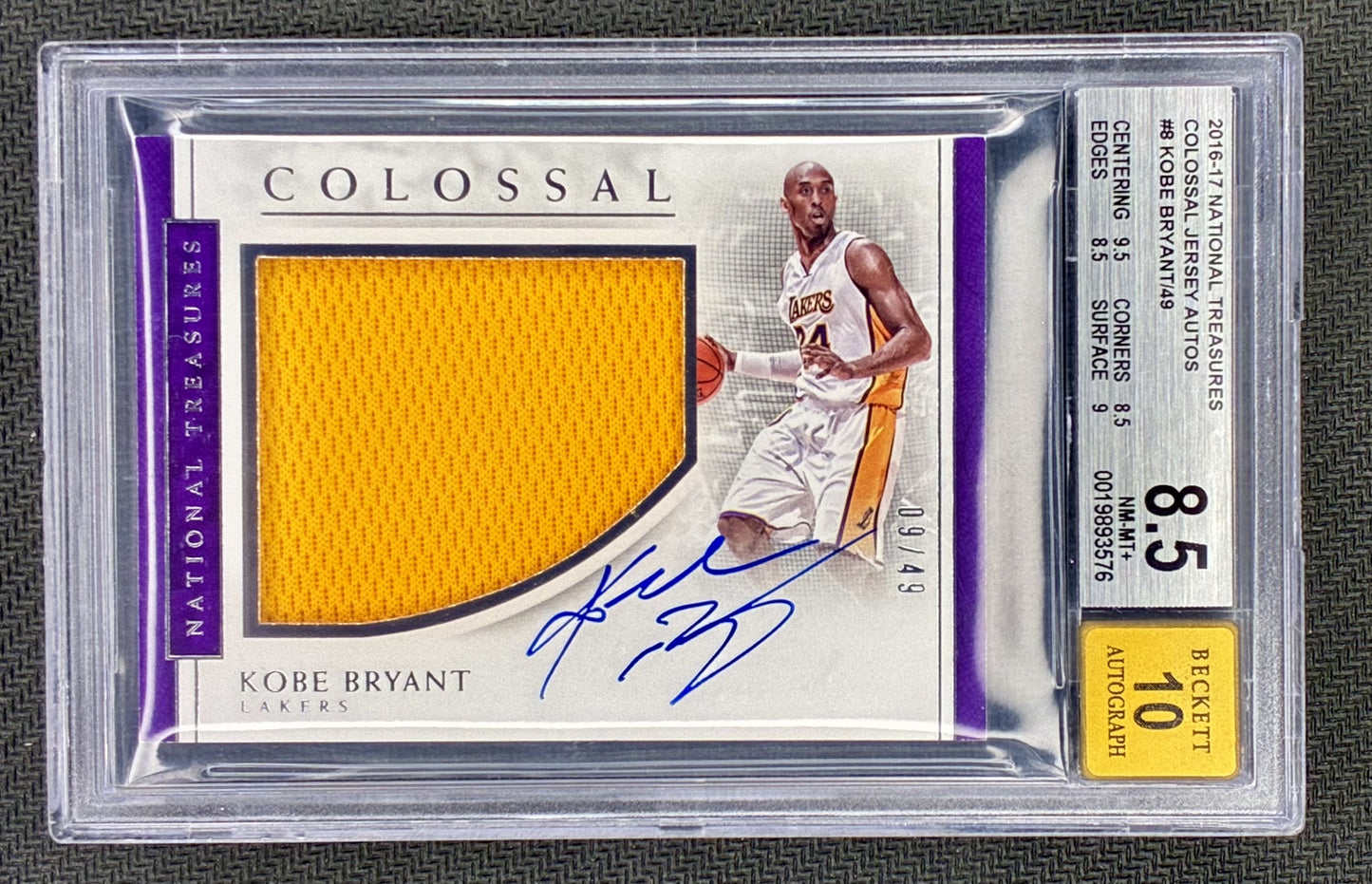 2016 Kobe Bryant National Treasures Colossal Jersey Auto /49 BGS 8.5 Auto 10 Basketball Card