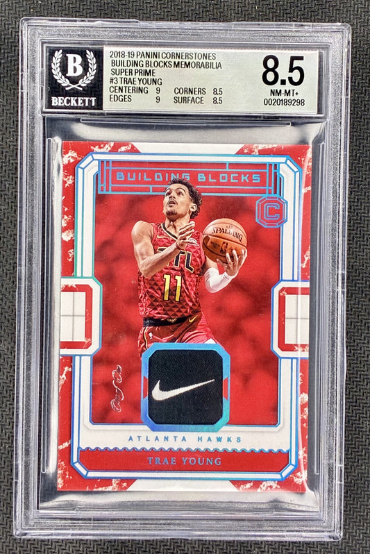 Trae Young 2018-19 Panini Cornerstones Rookie Building Blocks Patch 1/1 BGS 8.5 Basketball Card