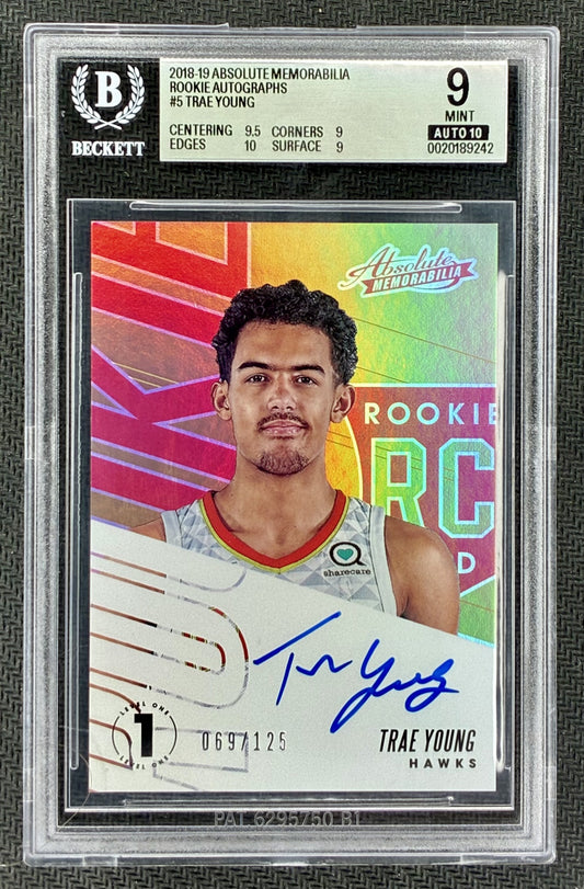 Trae Young 2018-19 Absolute Memorabilia Rookie On Card Auto /125 BGS 9 Auto 10 Basketball Card