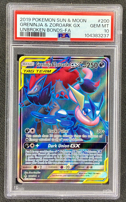 Greninja & Zoroark GX 200/214 Unbroken Bonds Full Art PSA 10 Pokemon Card