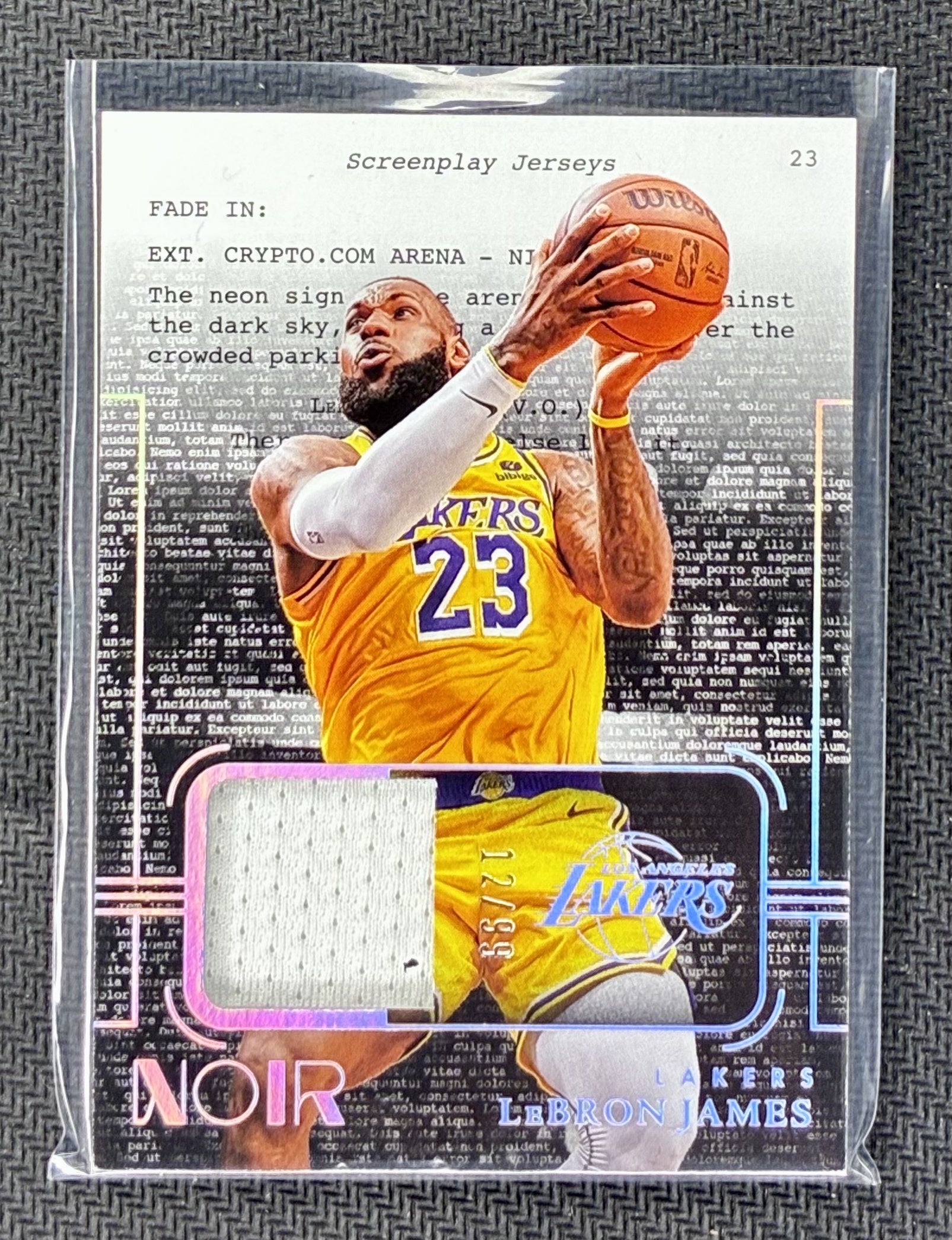 LeBron James 2023-24 Panini Noir Screenplay Jerseys Prime Holo Game-Worn Patch /99 Basketball Card