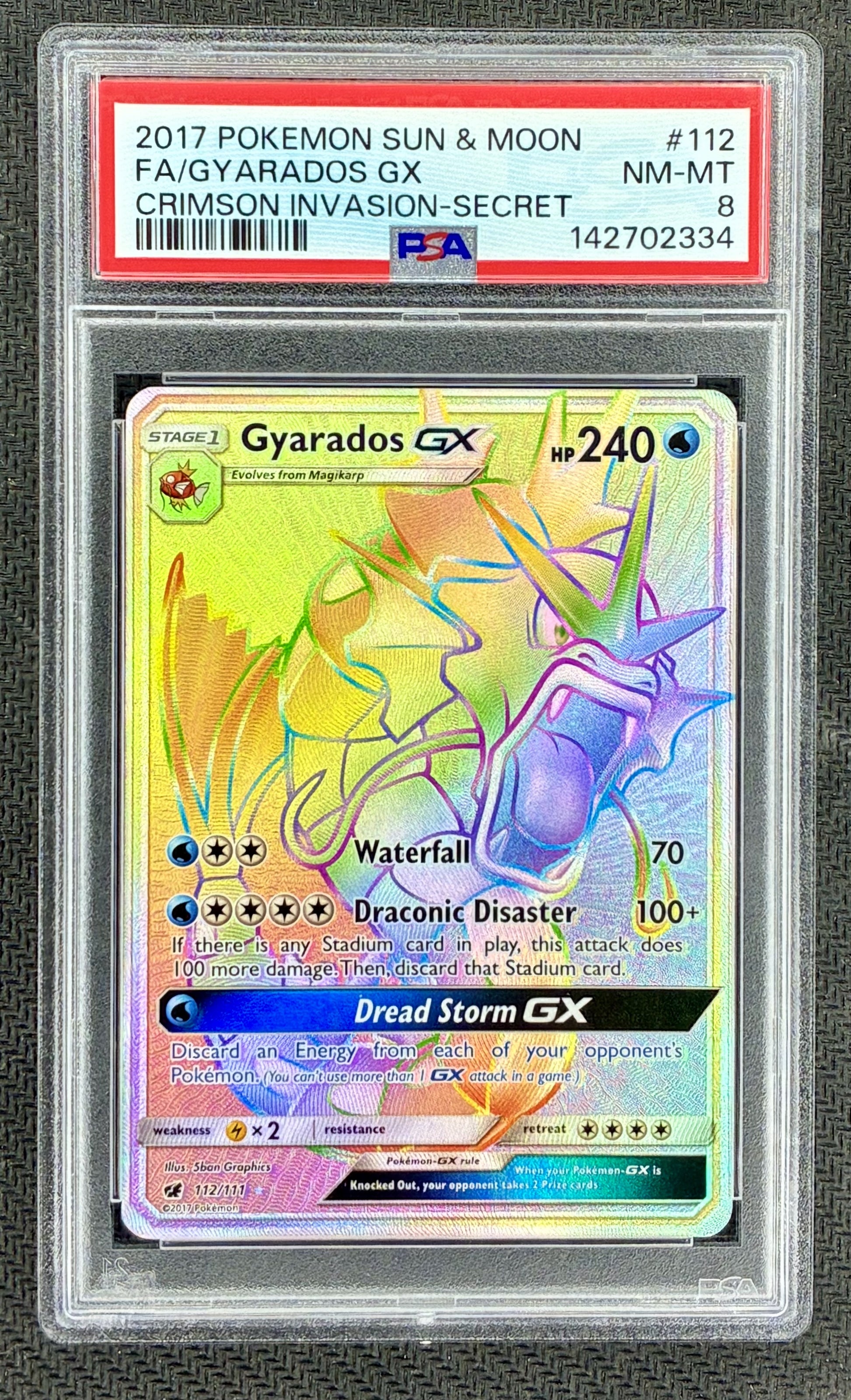 Pokemon Gyarados GX 112/111 Crimson Invasion Rainbow Secret Rare Full Art PSA 8 Card