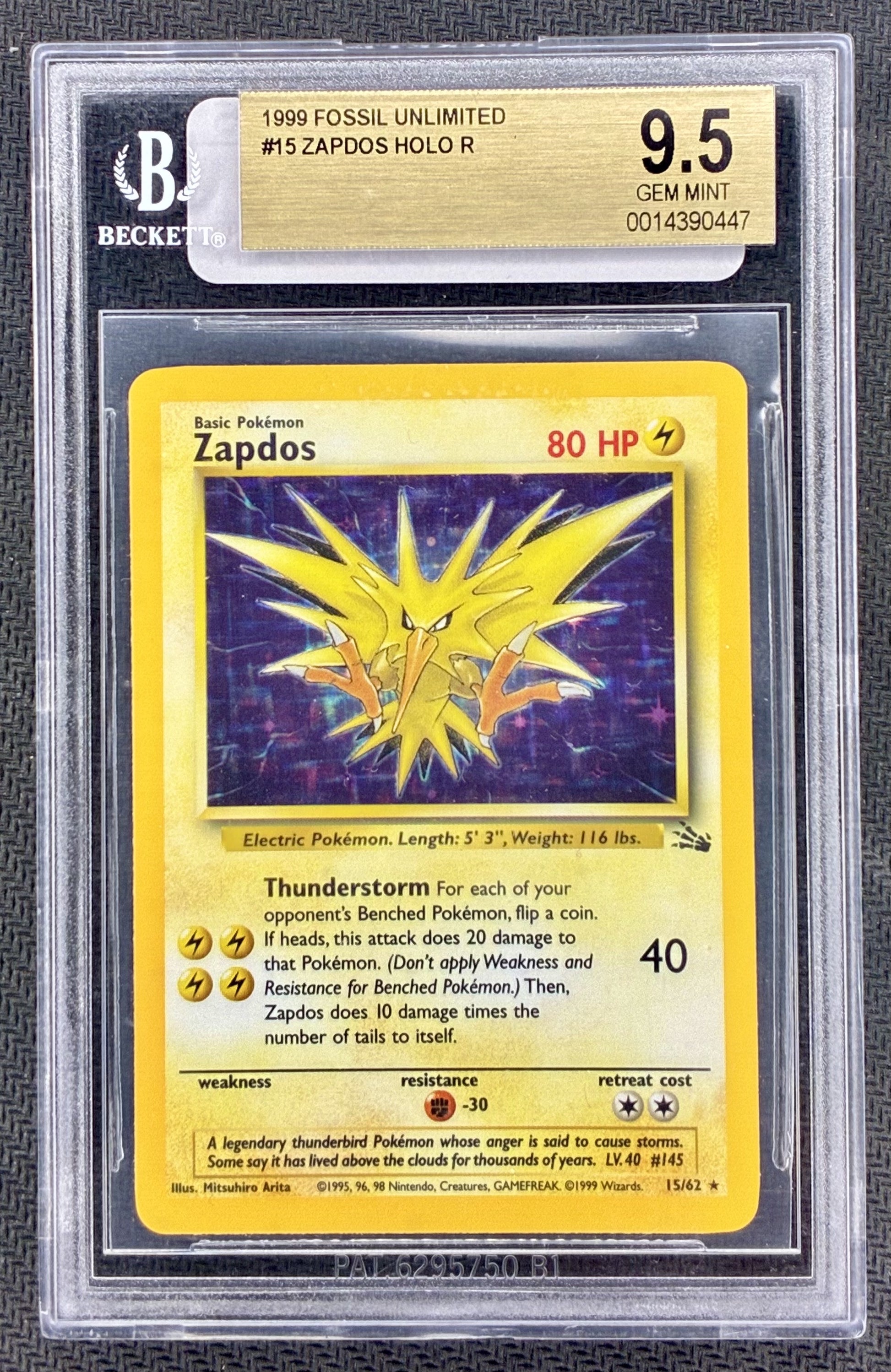 Pokemon Zapdos #15 Fossil Unlimited Corrected Error Holo Rare BGS 9.5 Card
