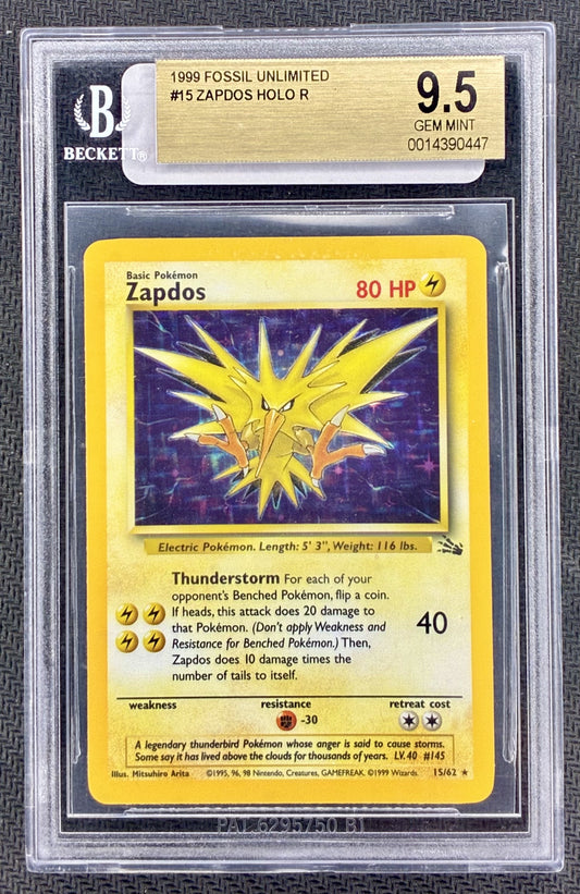 Pokemon Zapdos #15 Fossil Unlimited Corrected Error Holo Rare BGS 9.5 Card