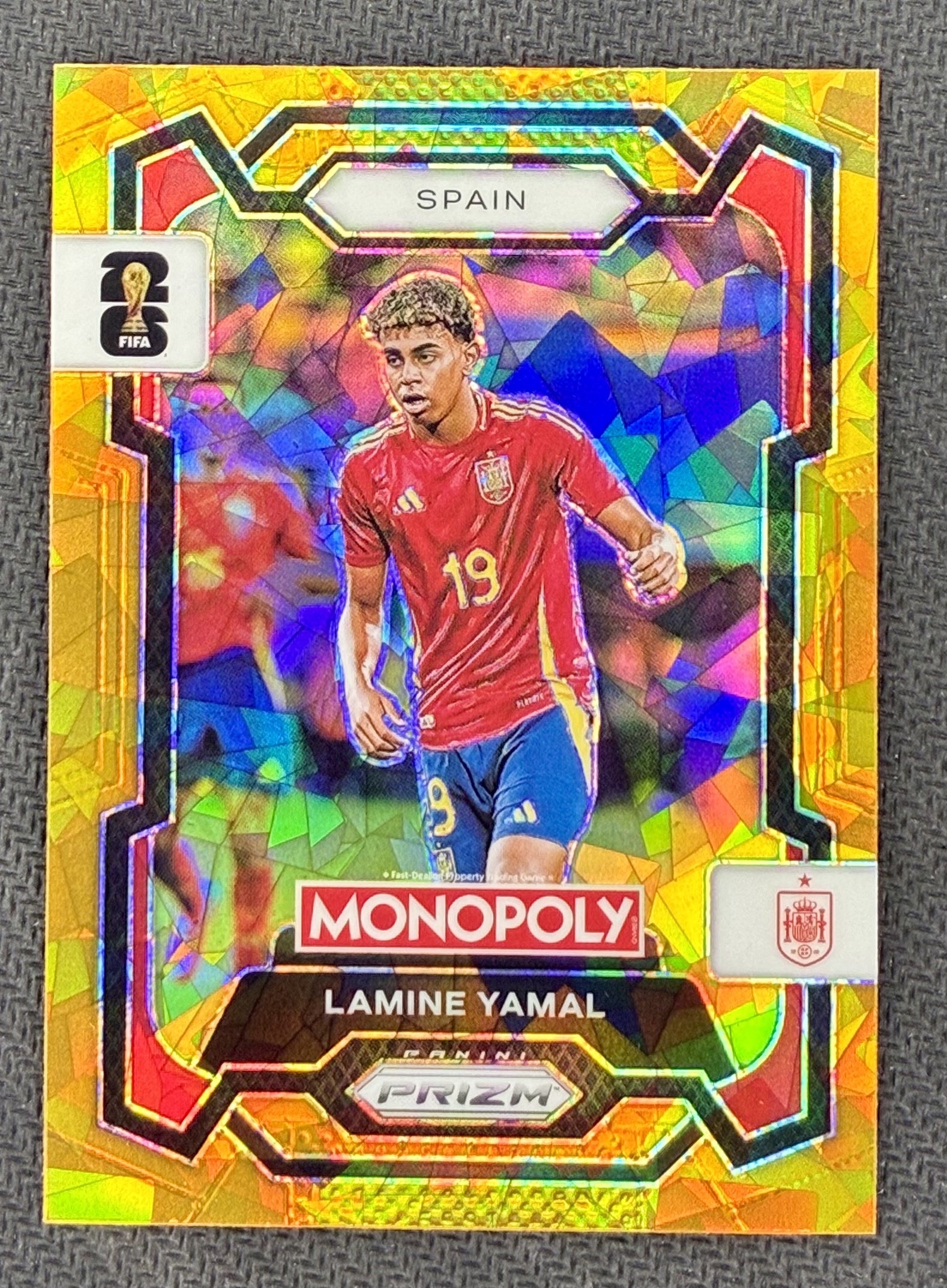 Lamine Yamal 2026 Panini Prizm Monopoly Gold Cracked Ice Prizm #41 Spain FIFA Soccer Card