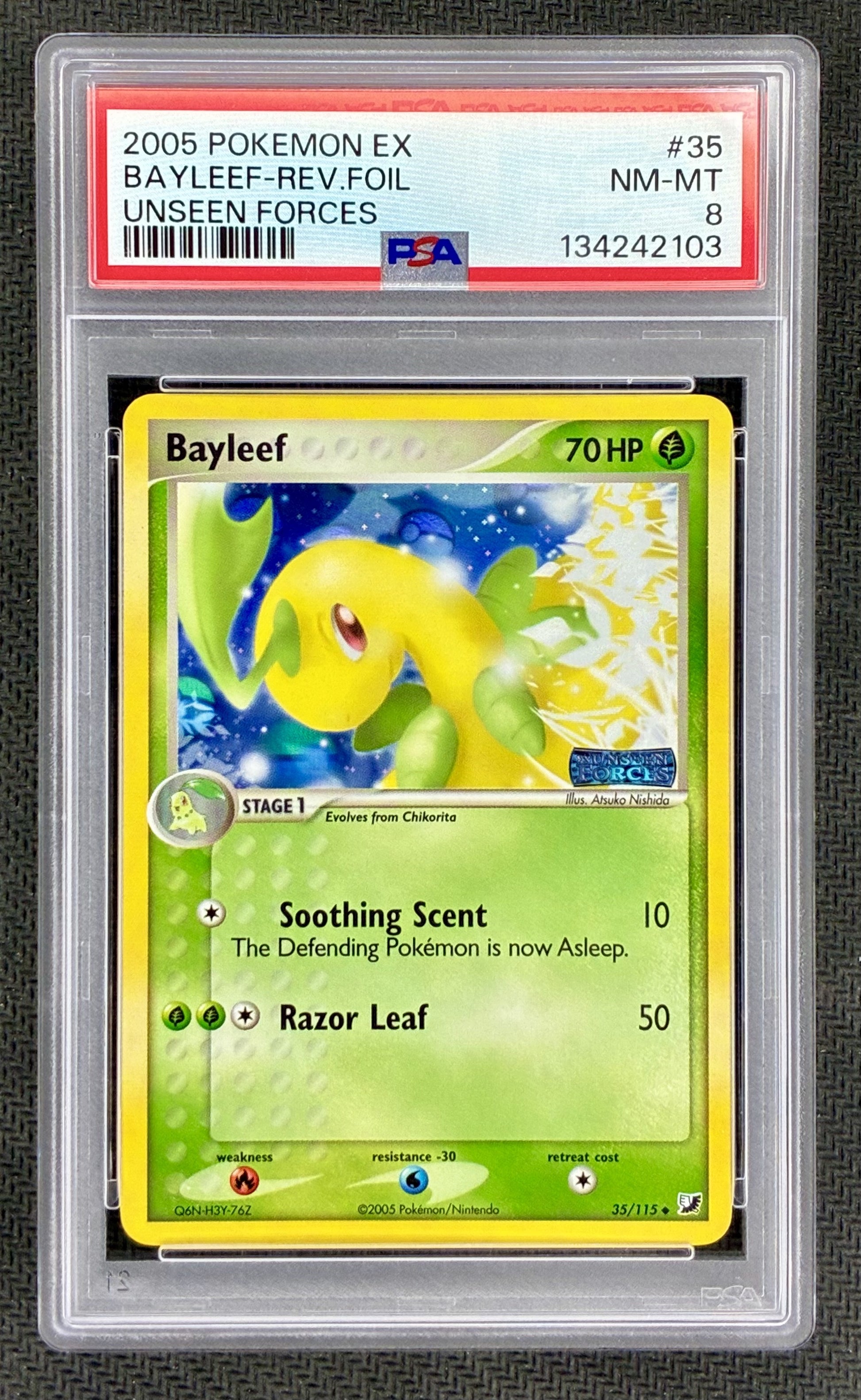 Pokemon Bayleef 35/115 EX Unseen Forces Reverse Stamped Holo PSA 8 Card