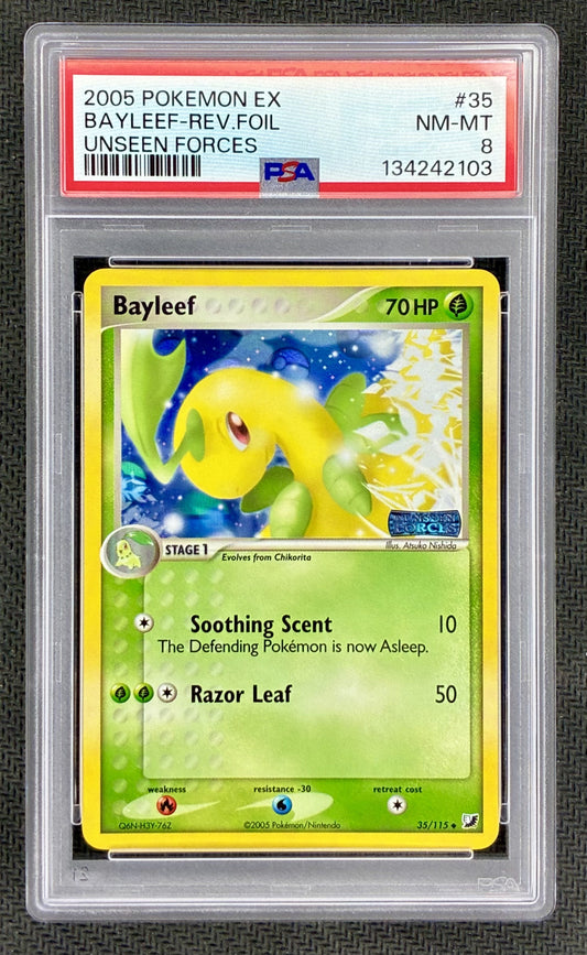 Pokemon Bayleef 35/115 EX Unseen Forces Reverse Stamped Holo PSA 8 Card