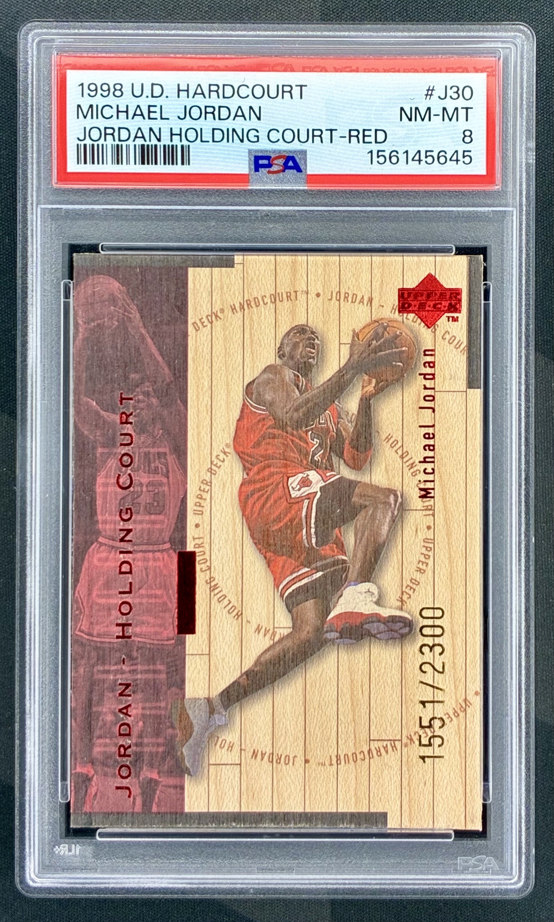 Michael Jordan 1998 UD Hardcourt Holding Court Red J30 PSA 8 NM MT Card Serial Numbered to 2300 Copies Chicago Bulls Collectible