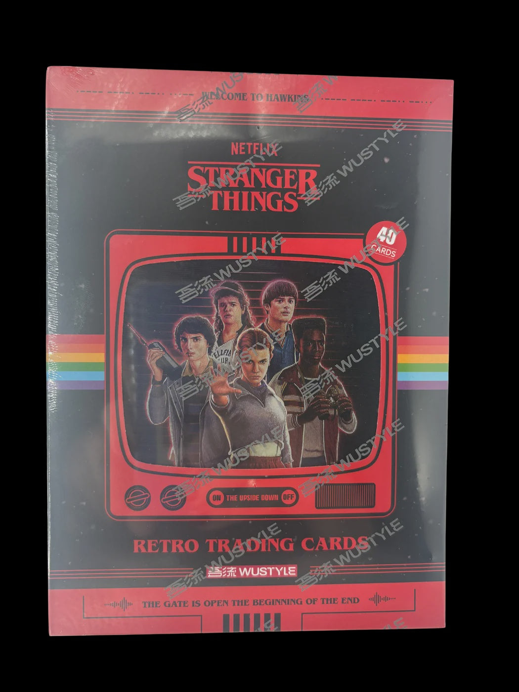 WUSTYLE Retro Stranger Things Seasons 1-5 trading cards collector box featuring holographic cards, numbered parallels, autographs and premium chase inserts.