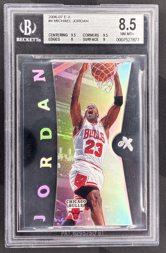 Michael Jordan 2006 07 Fleer E-X 4 BGS 8.5 NM MT Plus Chicago Bulls Basketball Card Collectible Graded Card