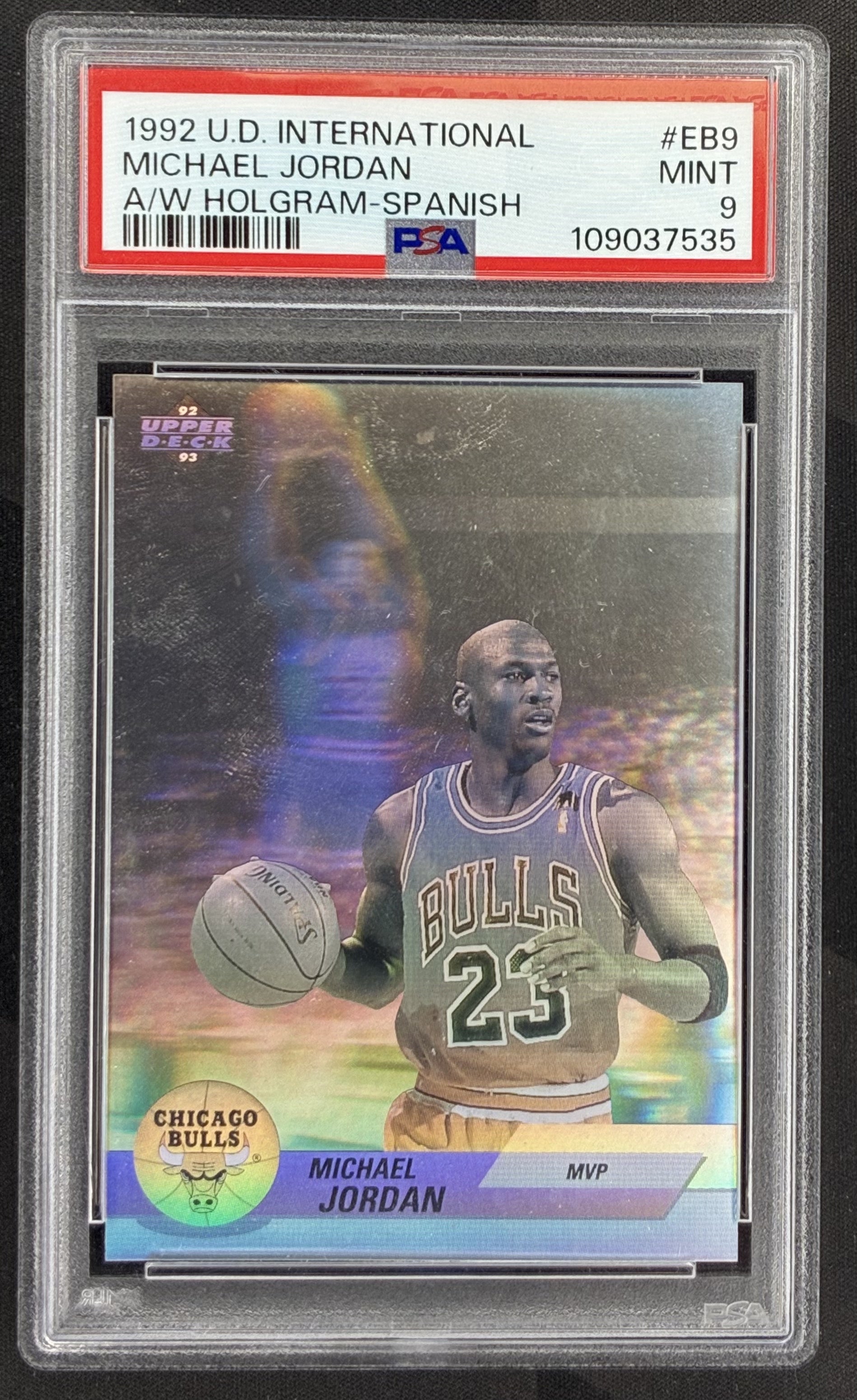 Michael Jordan 1992 Upper Deck International Spanish Hologram EB9 PSA 9 Mint Chicago Bulls Basketball Card Collectible Graded Hologram Insert Card Rare International Issue