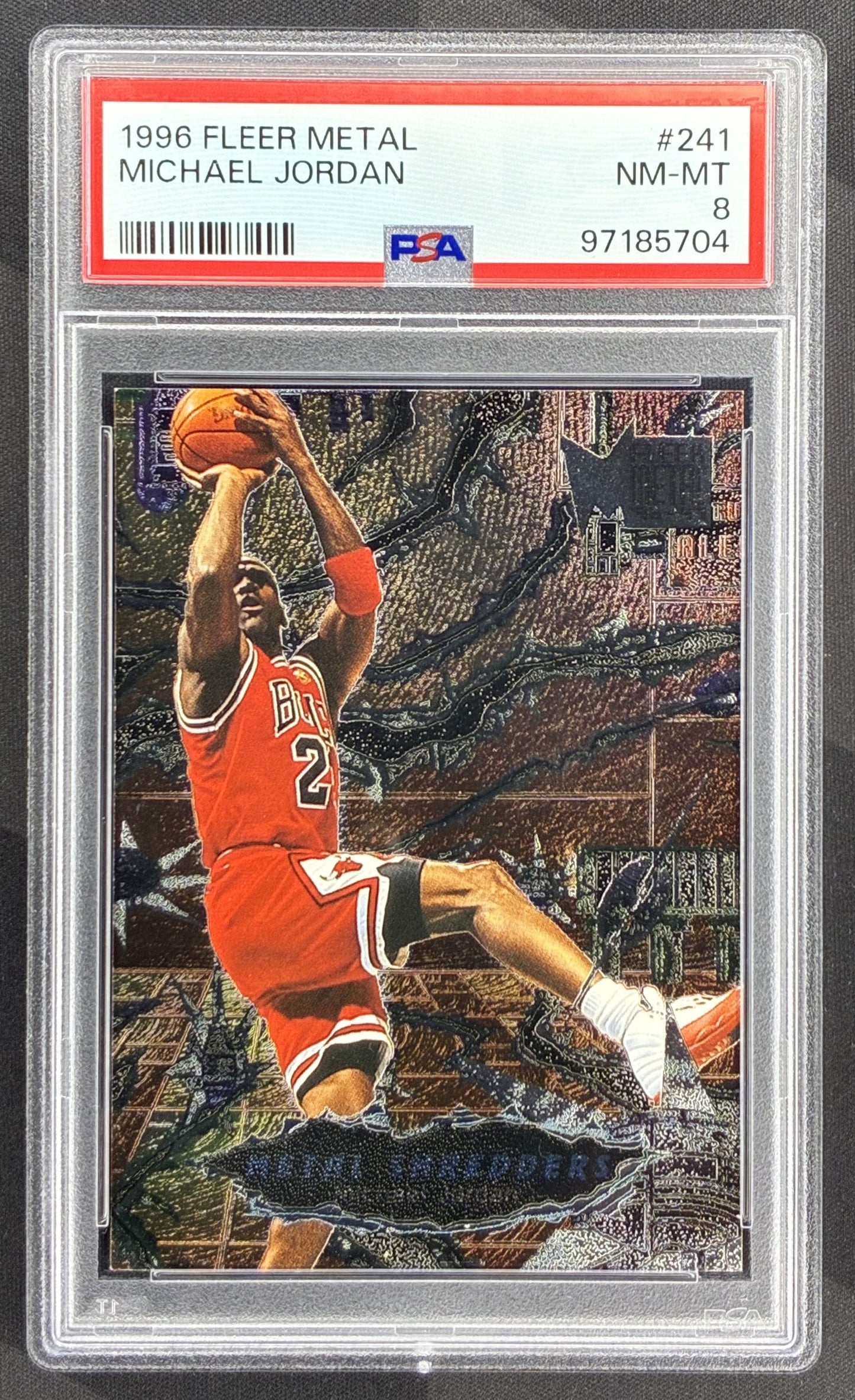 1996-97 Fleer Metal Metal Shredders Michael Jordan #241 PSA graded card Chicago Bulls NBA Hall of Fame insert collectible from Bulls dynasty era.