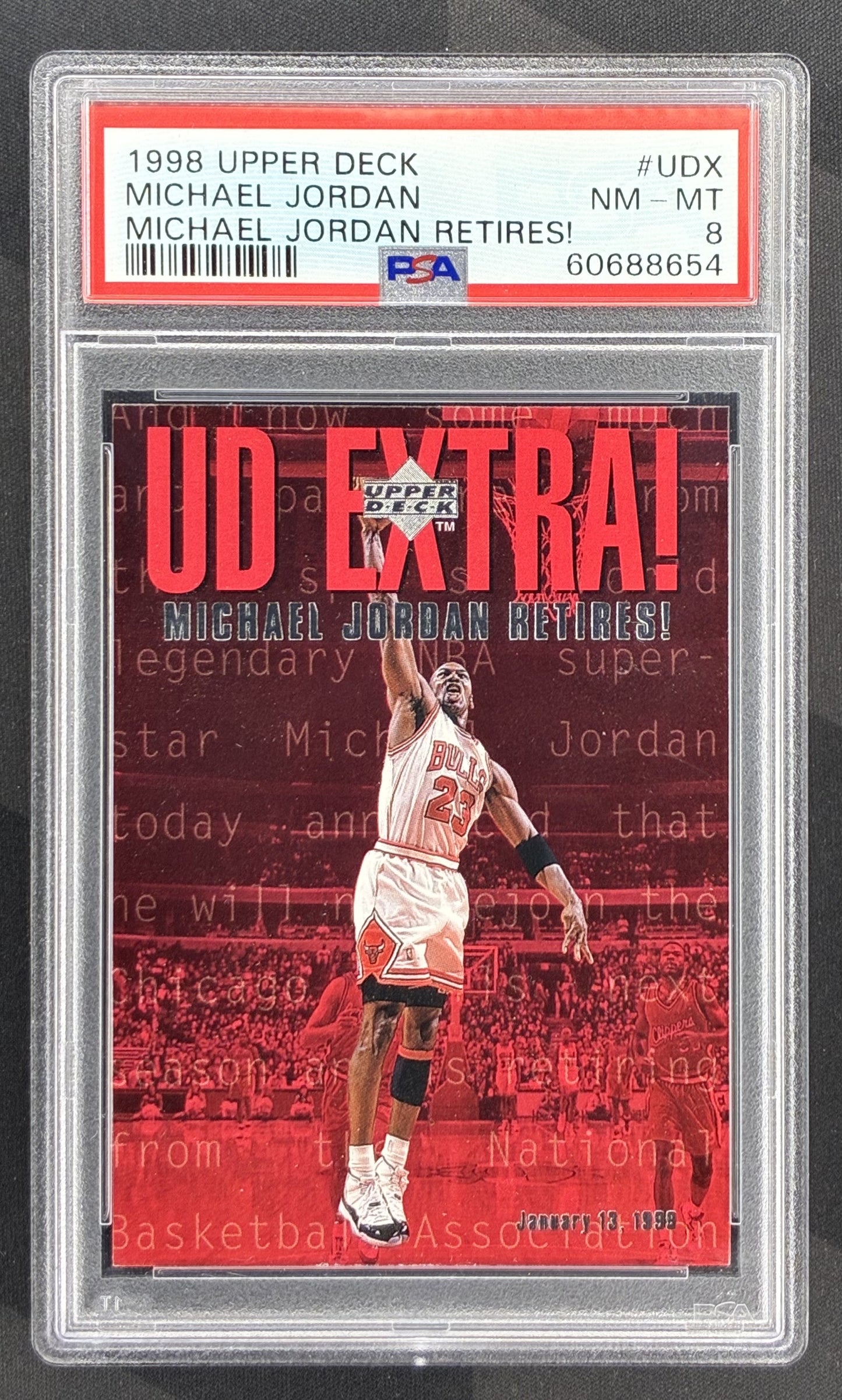 1998 Upper Deck MJ Retires Michael Jordan #UDX PSA 8 NM-MT Chicago Bulls basketball card retirement commemorative collectible.