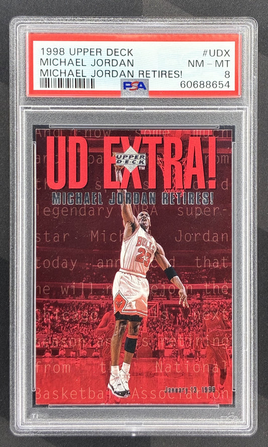 1998 Upper Deck MJ Retires Michael Jordan #UDX PSA 8 NM-MT Chicago Bulls basketball card retirement commemorative collectible.