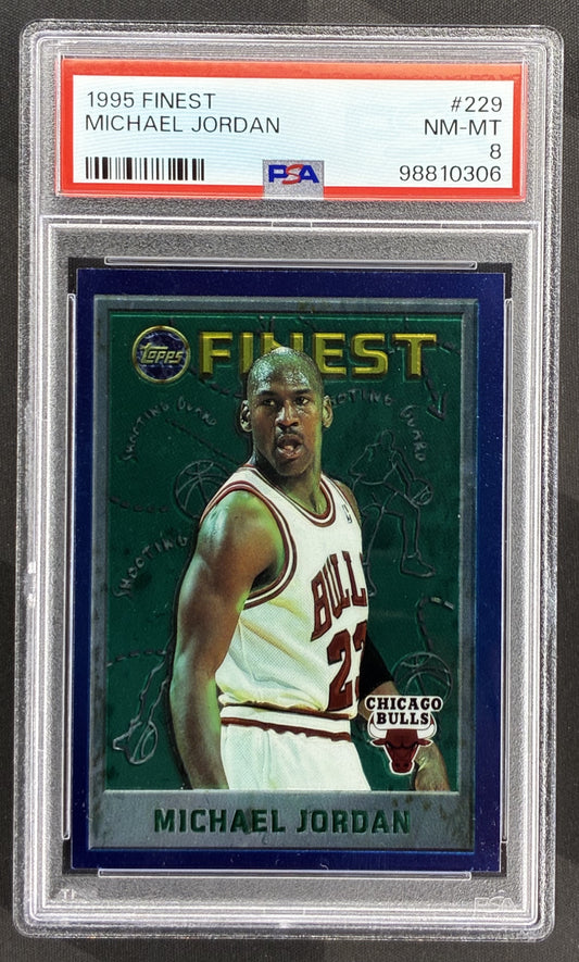 1995-96 Finest Michael Jordan #229 With Coating PSA 8 NM-MT Chicago Bulls basketball card Topps Finest chromium collectible.
