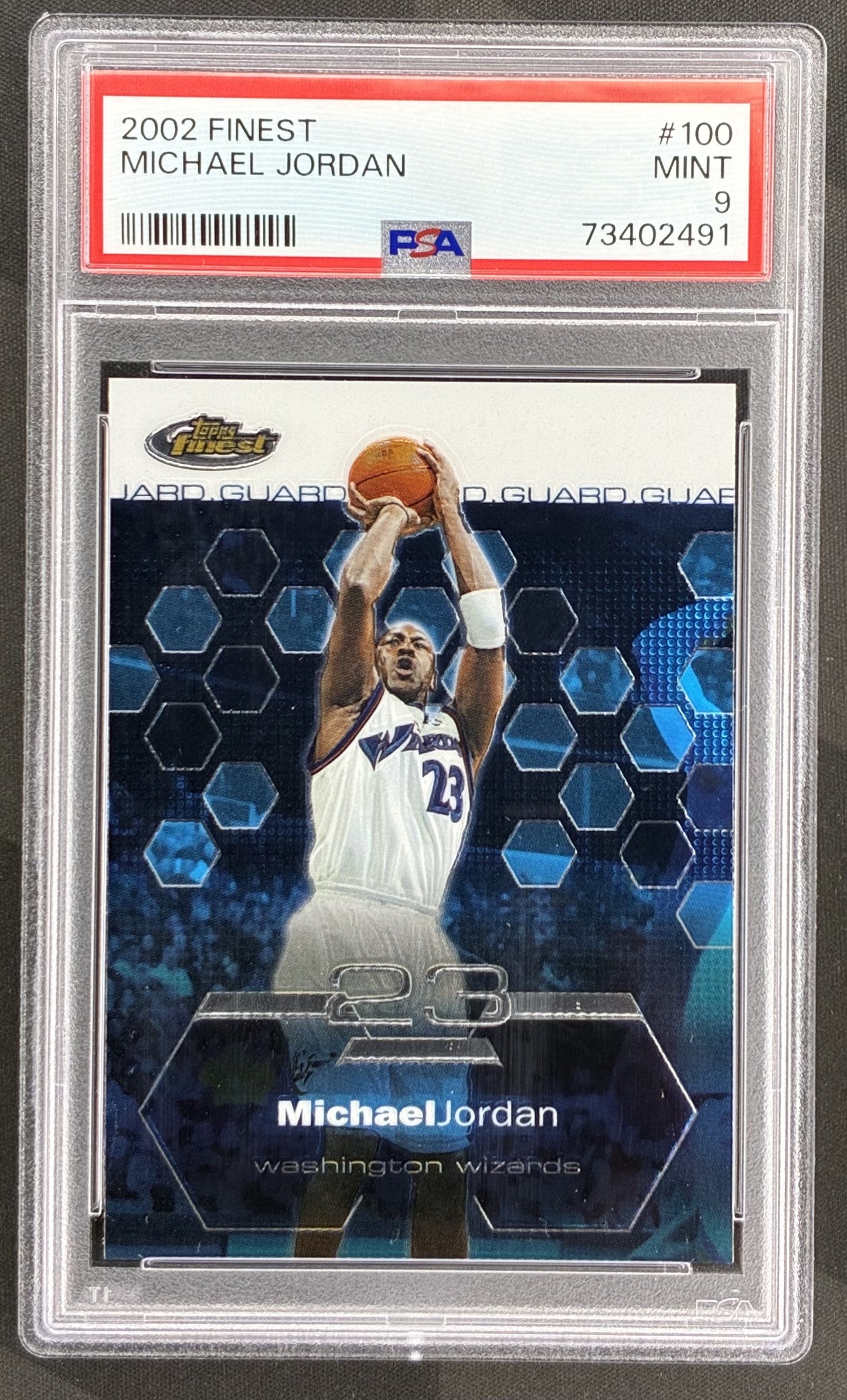 2002-03 Topps Finest Michael Jordan #100 PSA 9 Mint Washington Wizards basketball card chromium NBA Hall of Fame collectible.