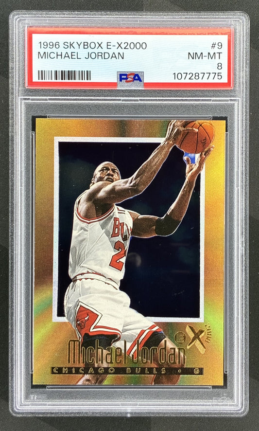 1996 SkyBox E-X2000 Michael Jordan #9 PSA 8 NM-MT Chicago Bulls basketball card Hall of Fame NBA collectible from the 1990s.