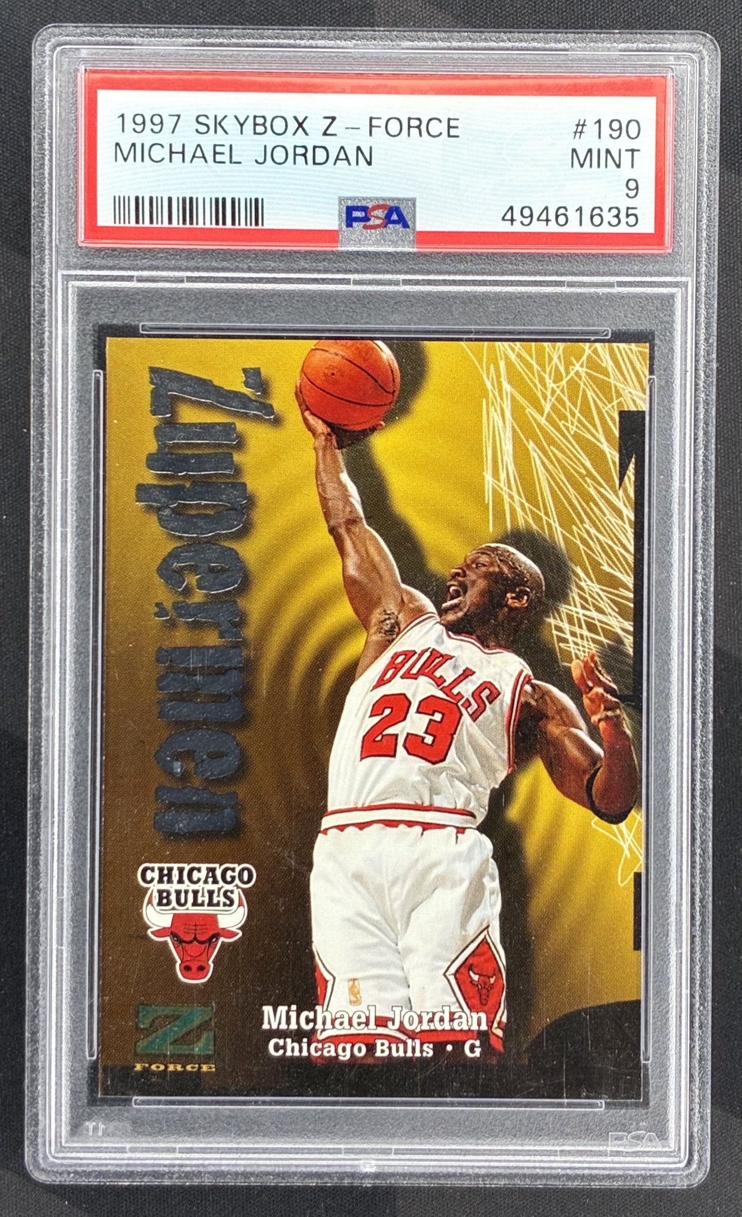 1997 SkyBox Z-Force Zuperman Michael Jordan #190 PSA 9 Mint Chicago Bulls basketball card NBA Hall of Fame collectible.