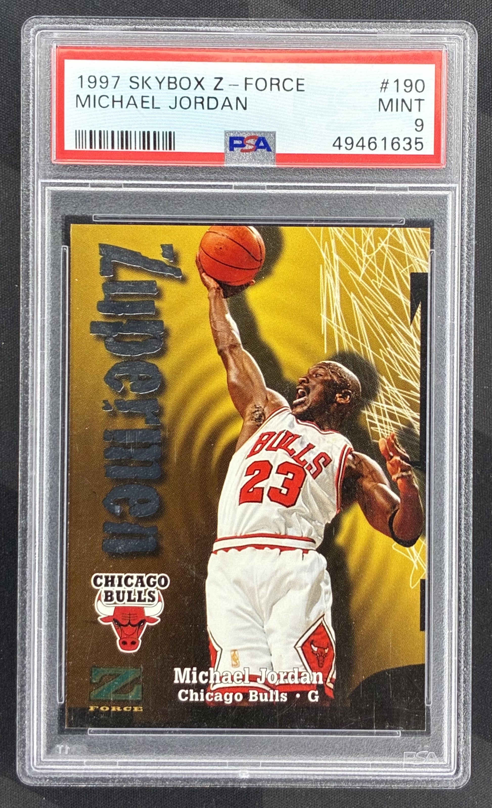 1997 SkyBox Z-Force Zuperman Michael Jordan #190 PSA 9 Mint Chicago Bulls basketball card NBA Hall of Fame collectible.